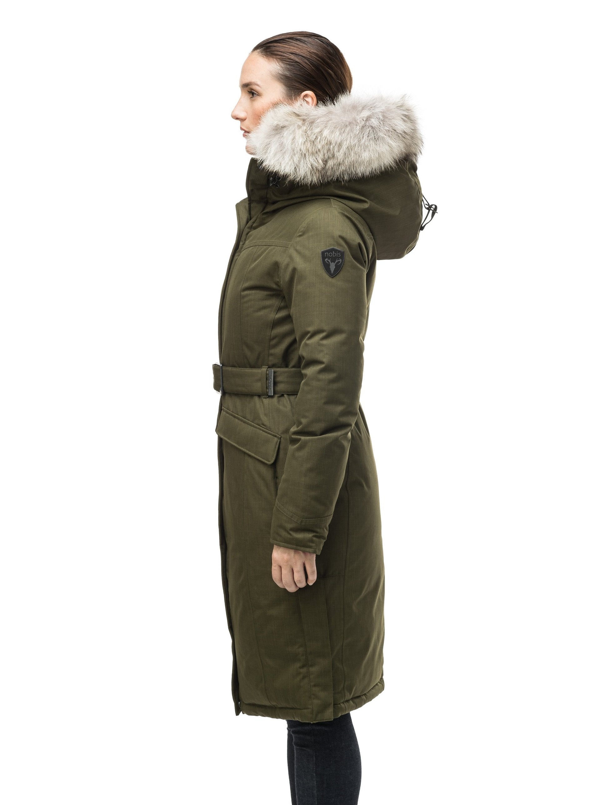Women's maxi down filled parka with calf length hem in CH Fatigue