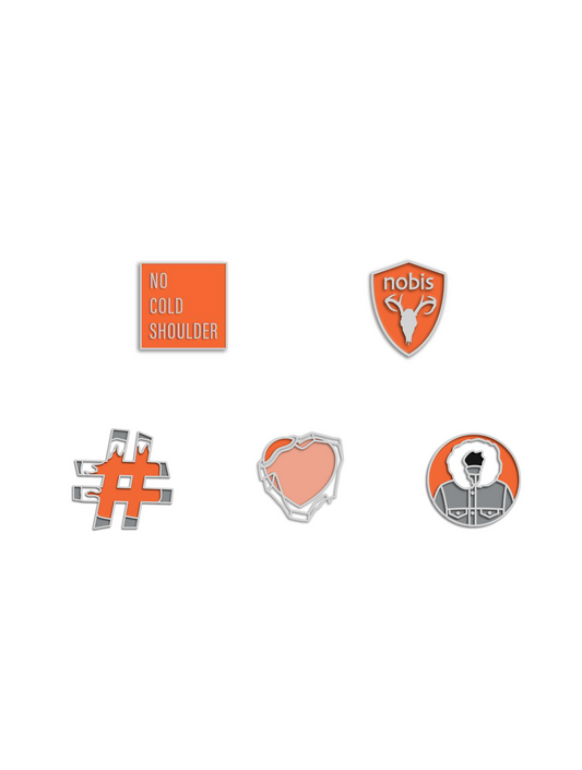 Set of five enamel pins that include an orange square with no cold shoulder printed in the center, and orange nobis logo shield, and orange and grey hashtag, an orange heart with ice over it and a Atomic and grey circle parka Pin Pack
