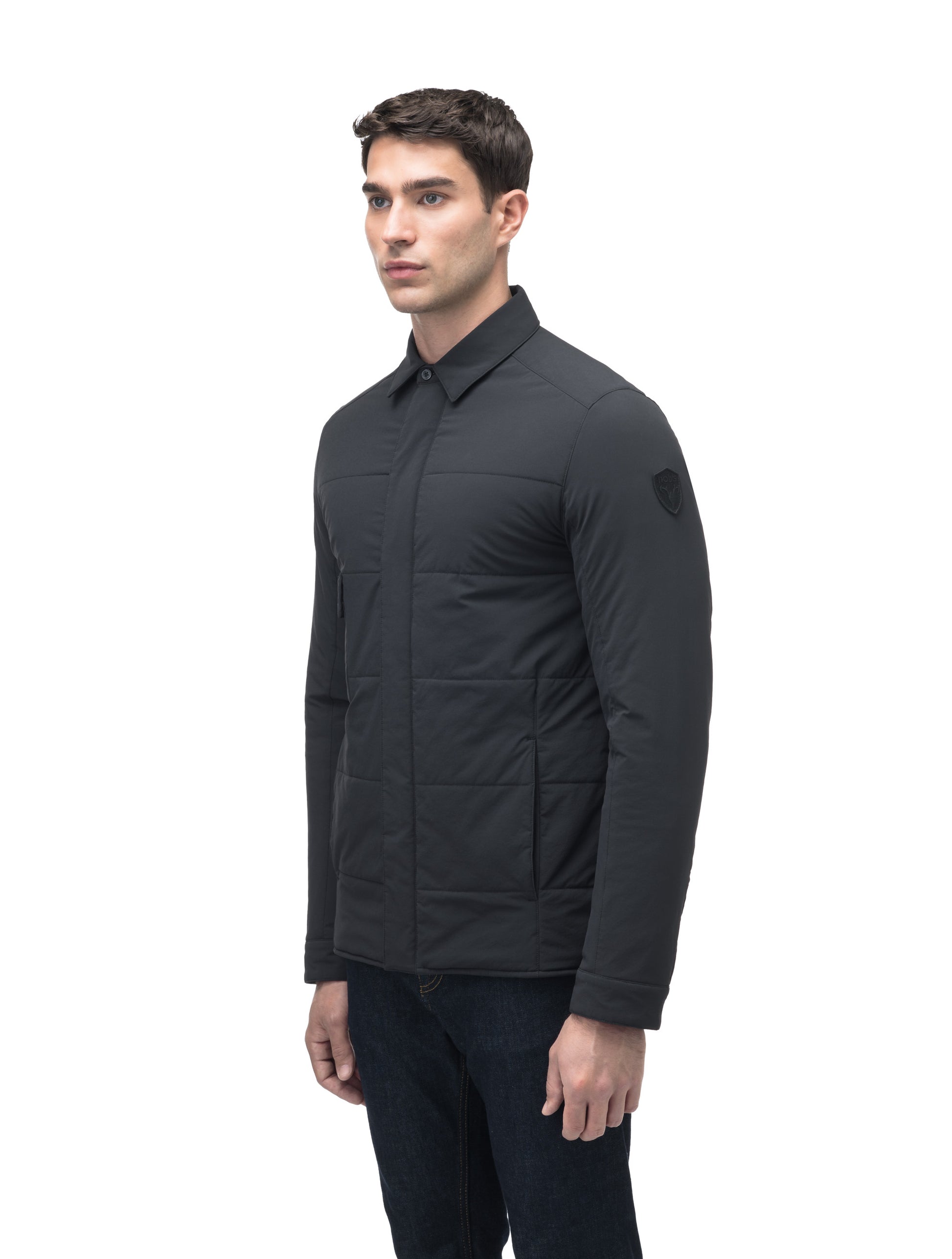 Men's down filled hip length shirt jacket in Black