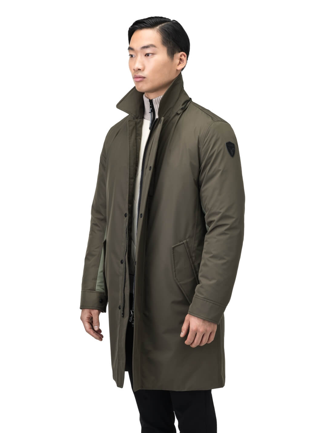 Nord Men's Tailored Trench Coat in knee length, 3-Ply Micro Denier and 4-Way Durable Stretch Weave fabrication, Premium Canadian White Duck Down insulation, removable down-filled hood, exterior zipper pocket at left chest, and adjustable snap button cuffs, in Fatigue/Eden