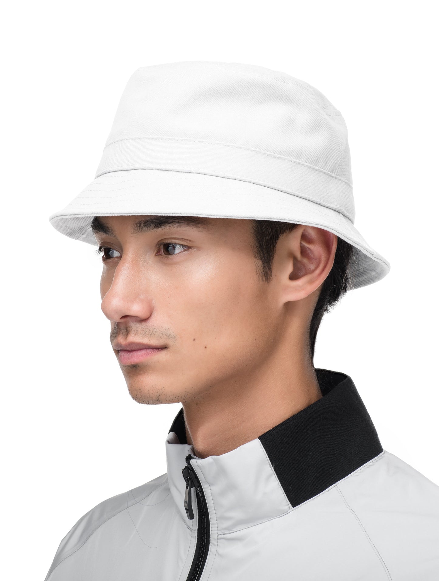 Unisex bucket hat with flat crown top and stitching detail on brim in Optic White