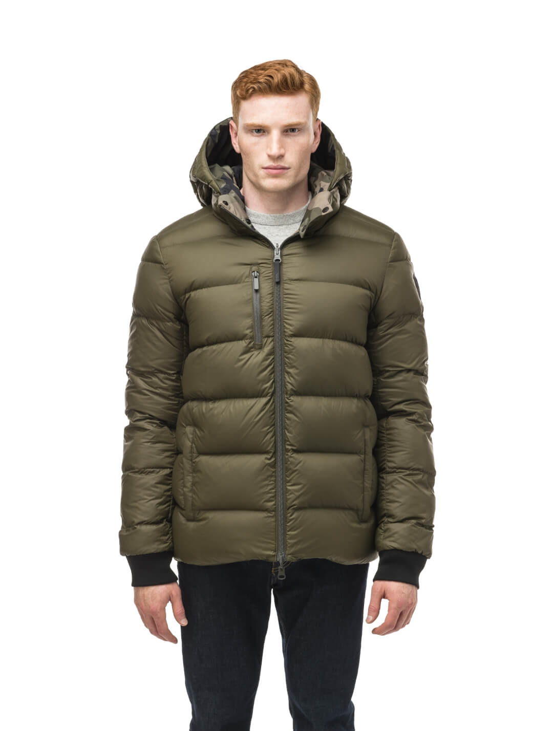 Hip length, reversible men's down filled jacket with removable hood in Camo