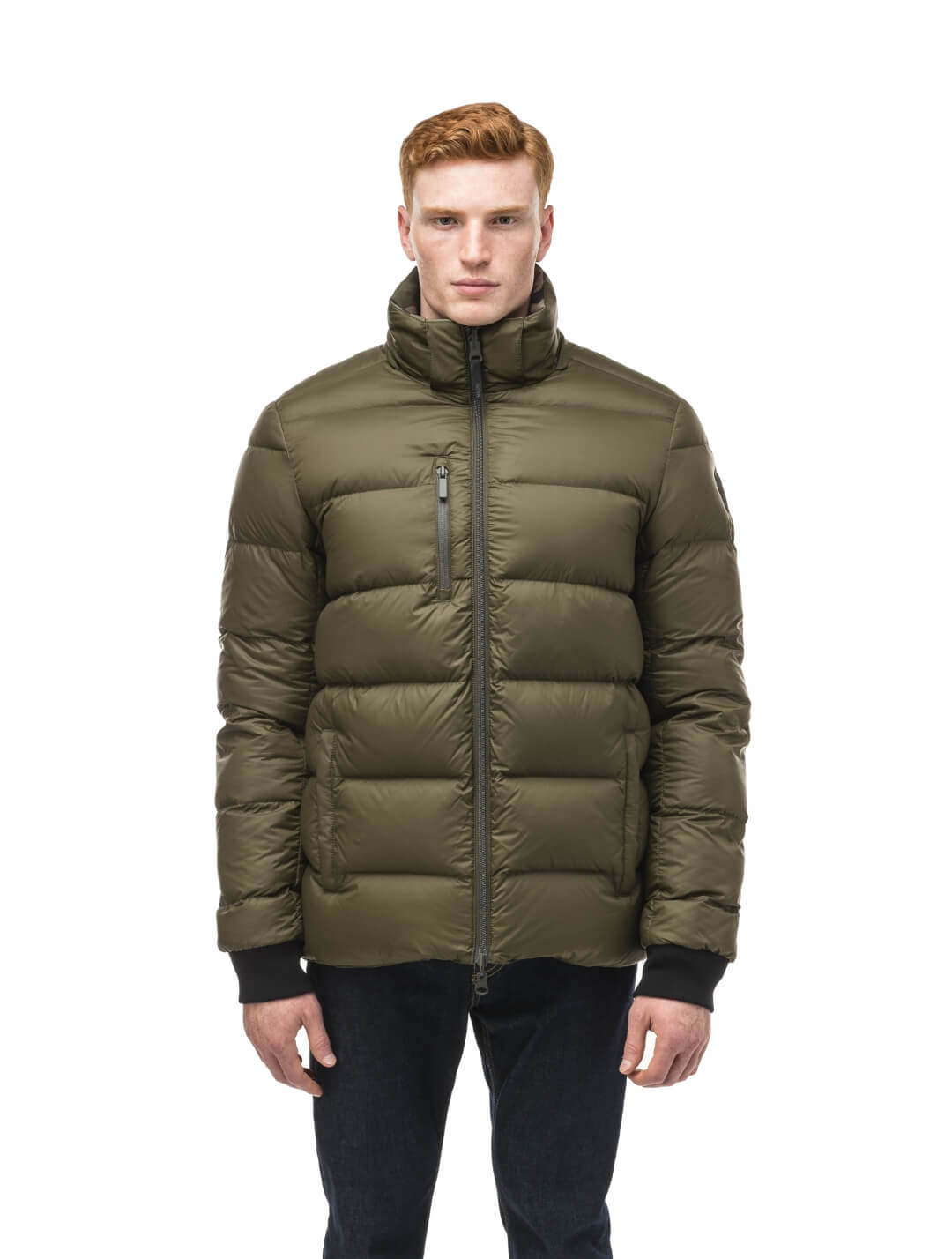 Oliver Men's Oversized Reversible Puffer from waterproof side to quilted puffer side, Canadian Duck Down insulation, in hip length, removable down-filled hood, multiple zipper pockets, 2-way center-front zipper, ribbed cuffs, in Camo