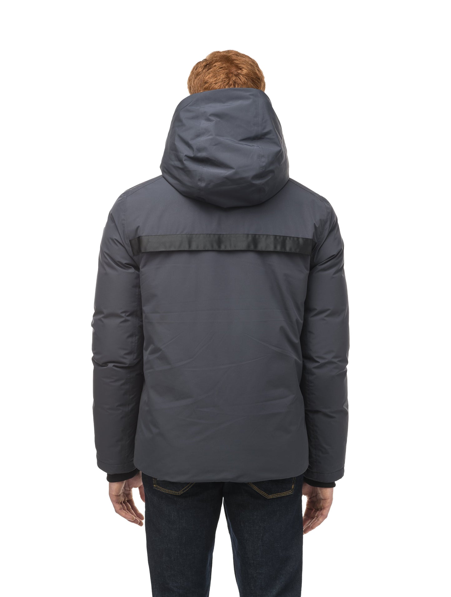 Hip length, reversible men's down filled jacket with removable hood in Marine