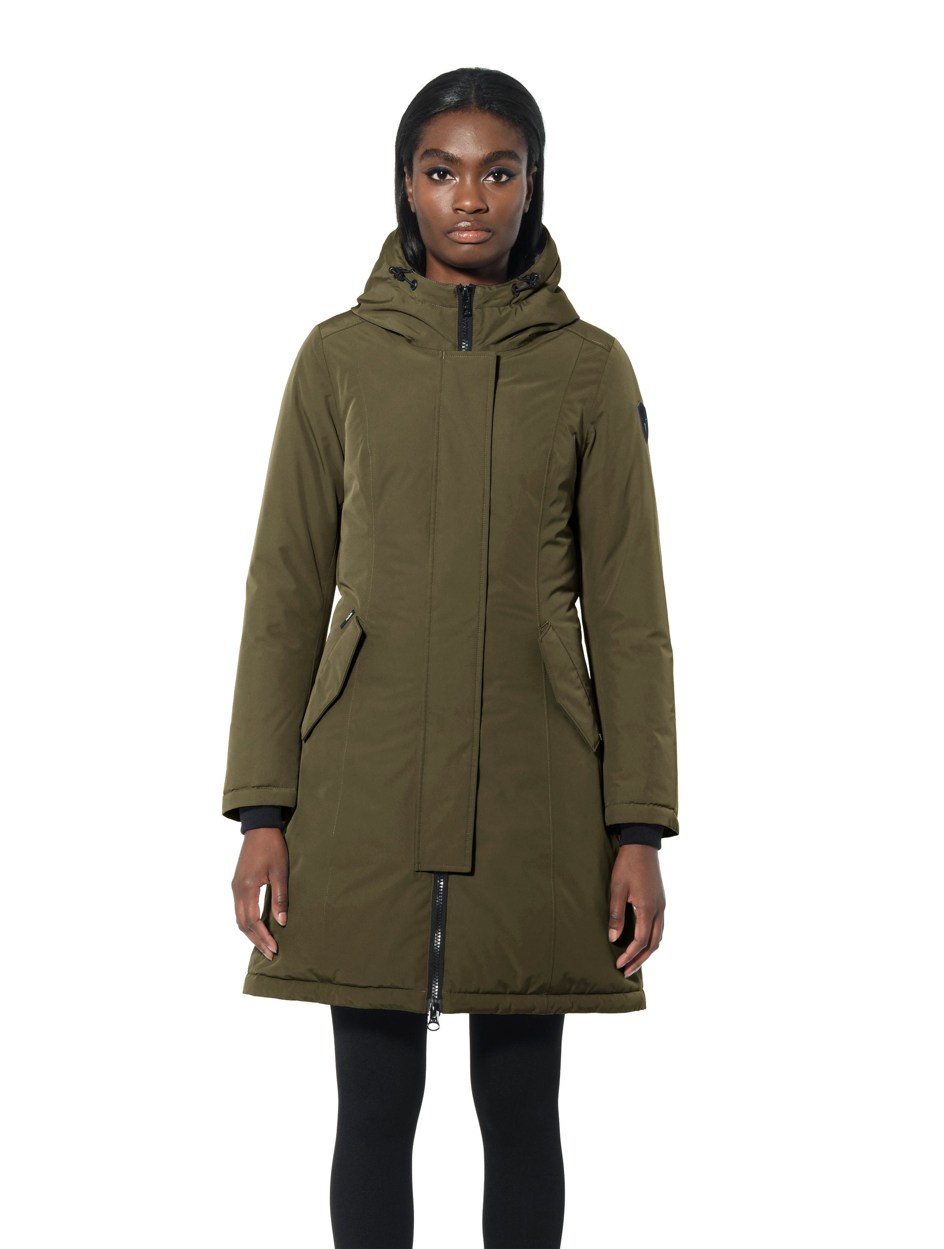Ladies thigh length down-filled parka with non-removable hood in Fatigue