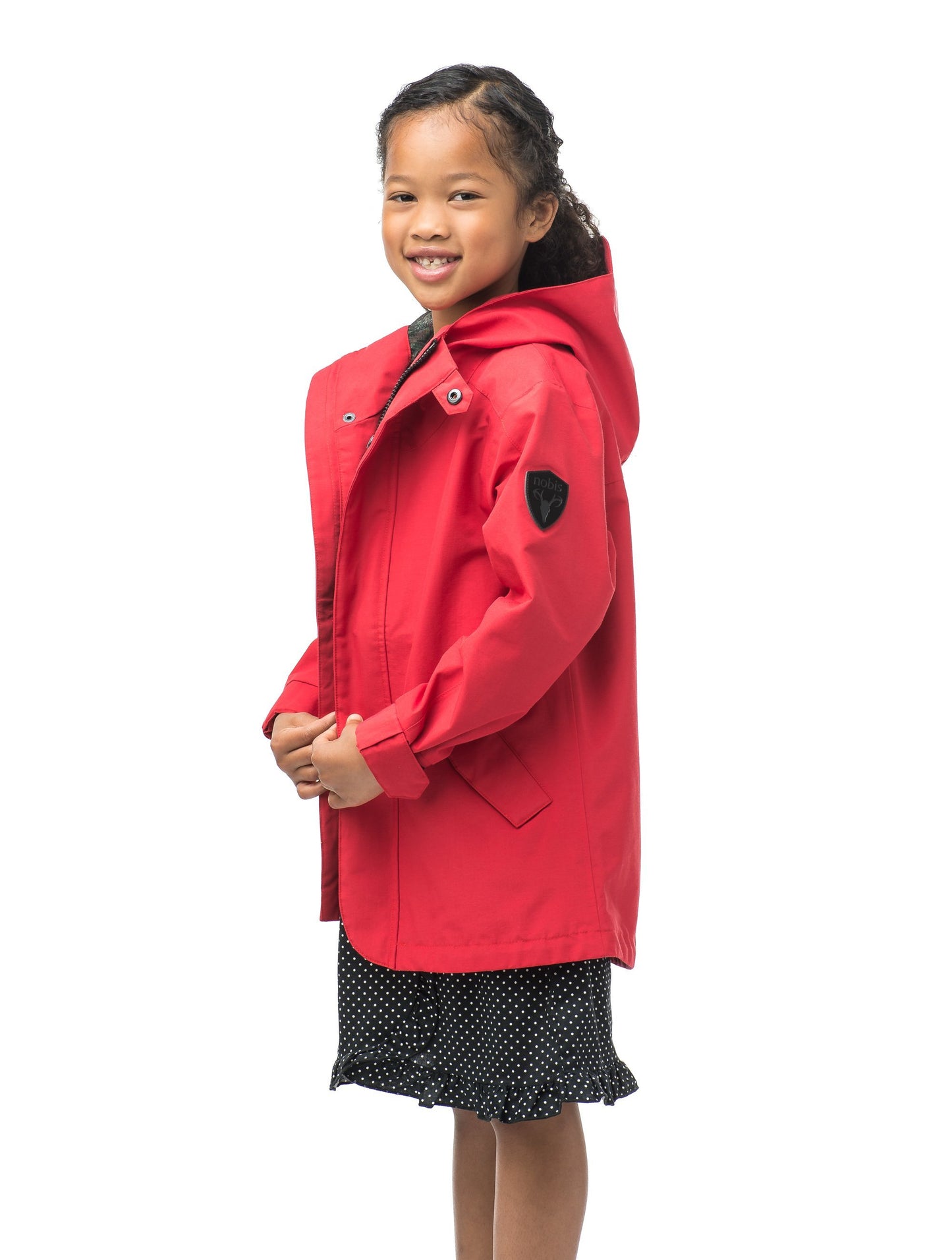 Kids' hip length raincoat with hood in Red