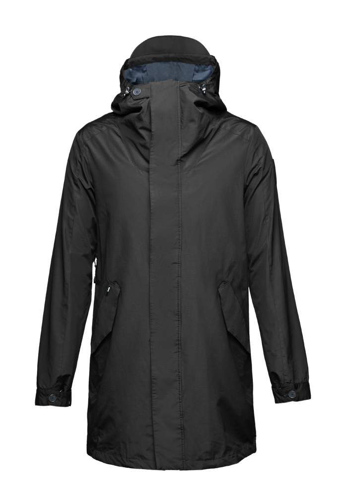 Men's thigh length hooded rain jacket with non-removable hood in Black