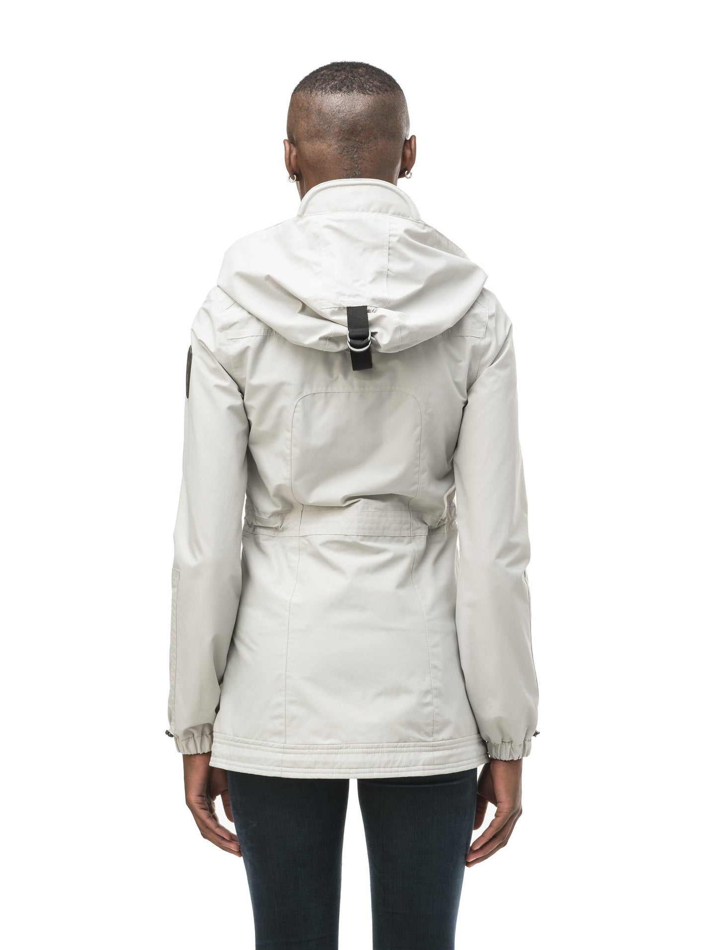 Women's hooded shirt jacket with four front pockets and adjustable waist in Light Grey