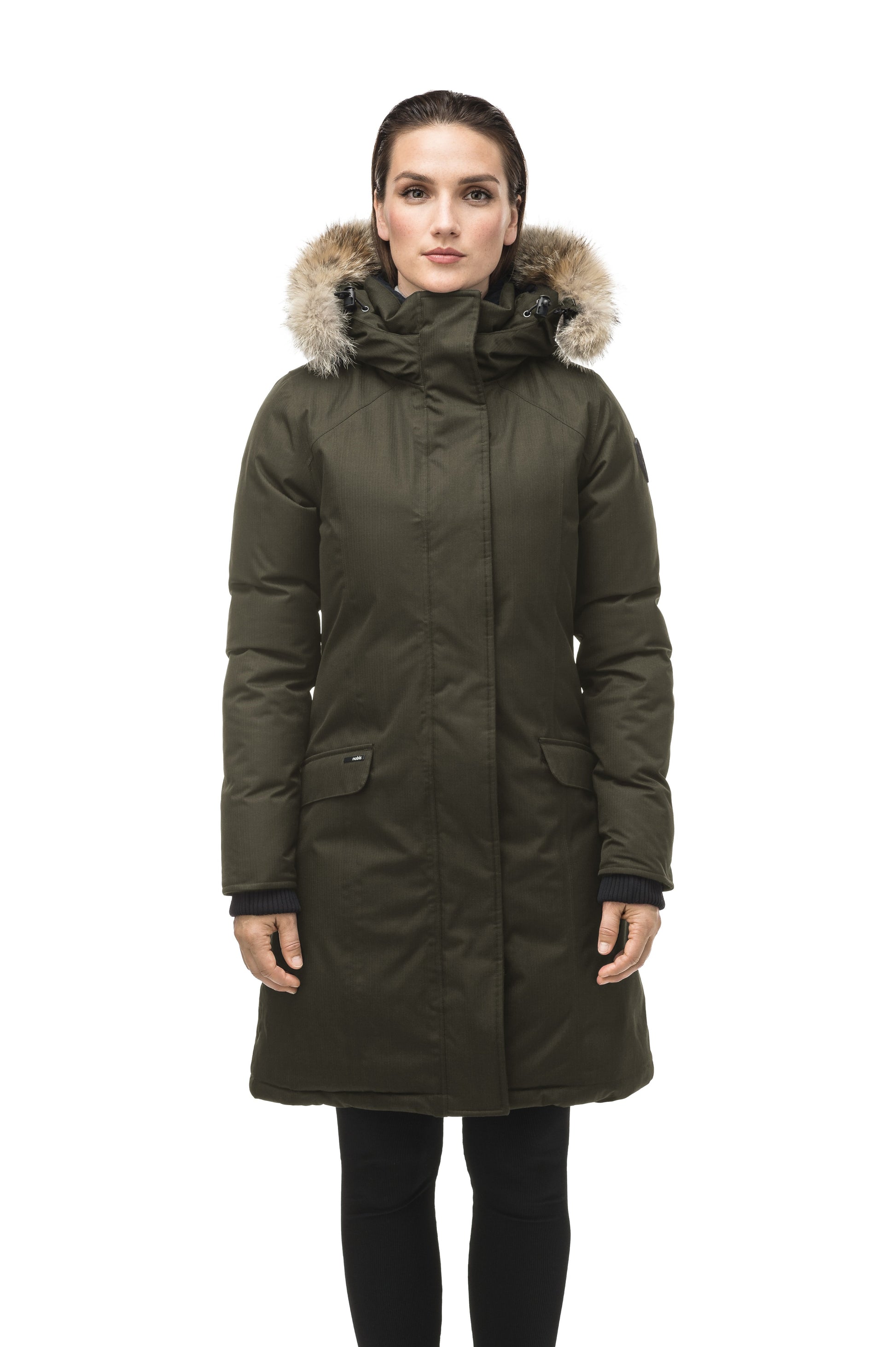 Rebecca Women's Parka in knee length, Canadian duck down insulation, two-way zipper with magnetic front placket, non-removable hood with removable coyote fur trim, in Fatigue