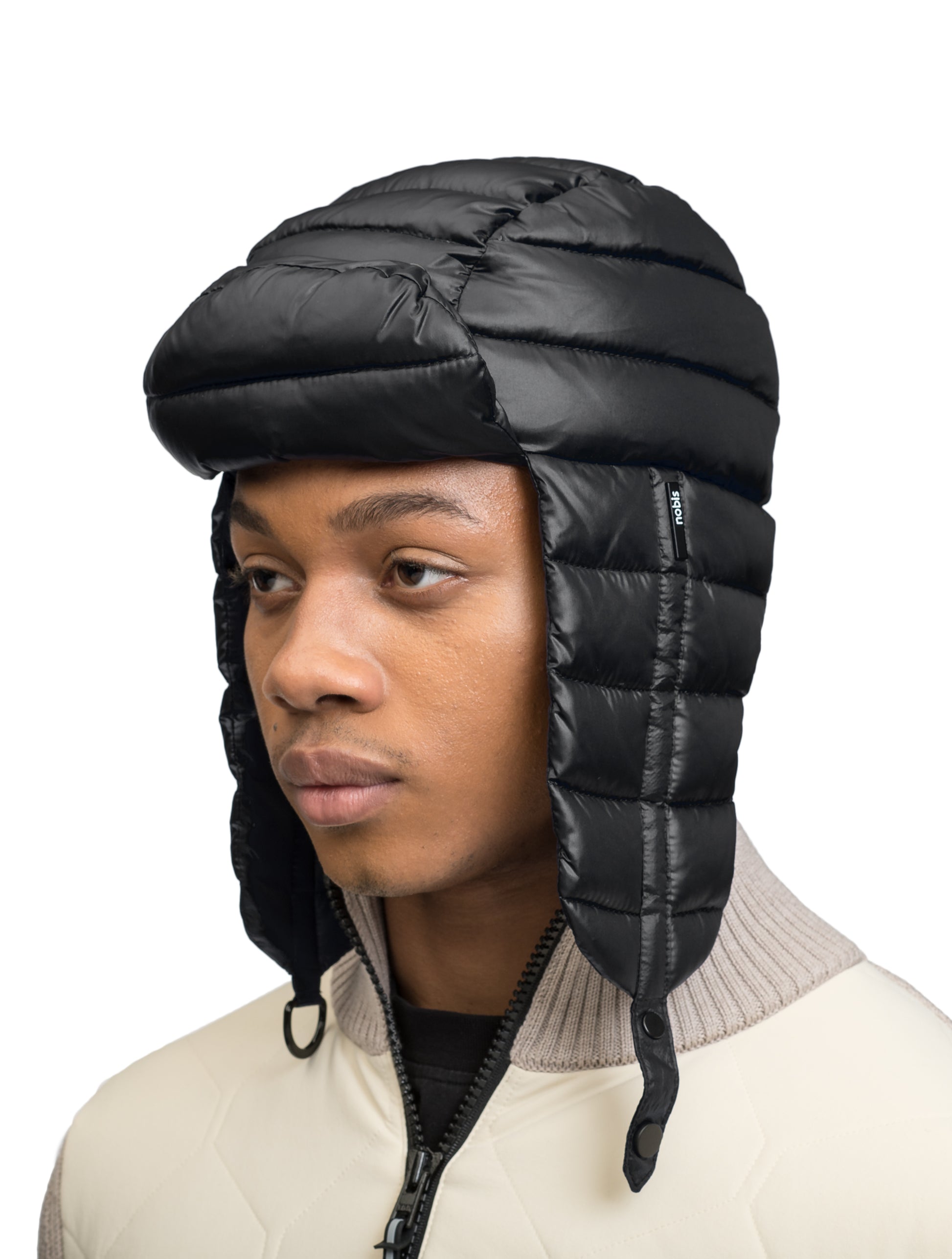 Unisex down-filled quilted fargo hat with adjustable chin strap in Black