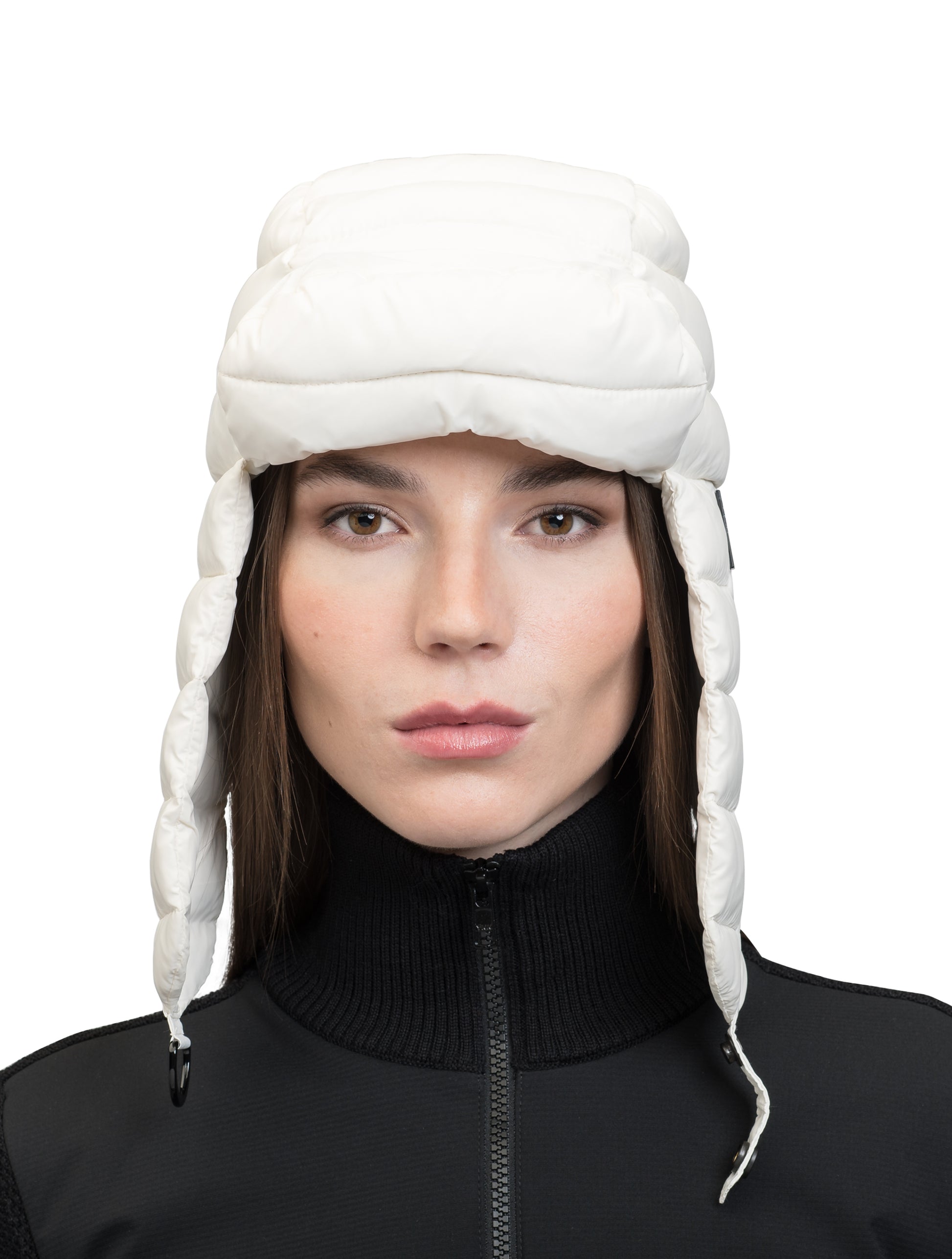 Unisex down-filled quilted fargo hat with adjustable chin strap in Chalk