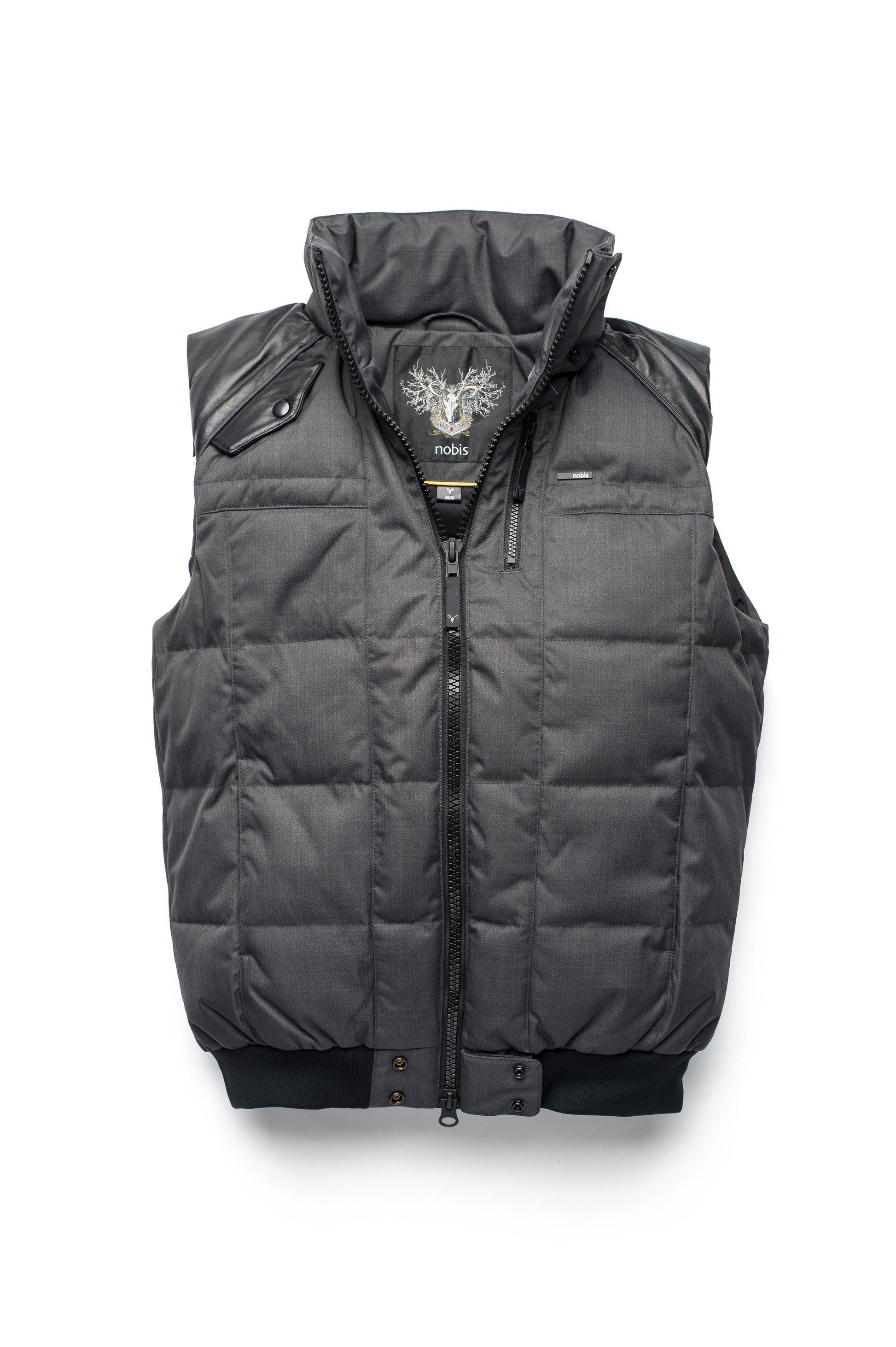 Men's down filled vest with Washable Japanese DWR leather acccent in CH Steel Grey