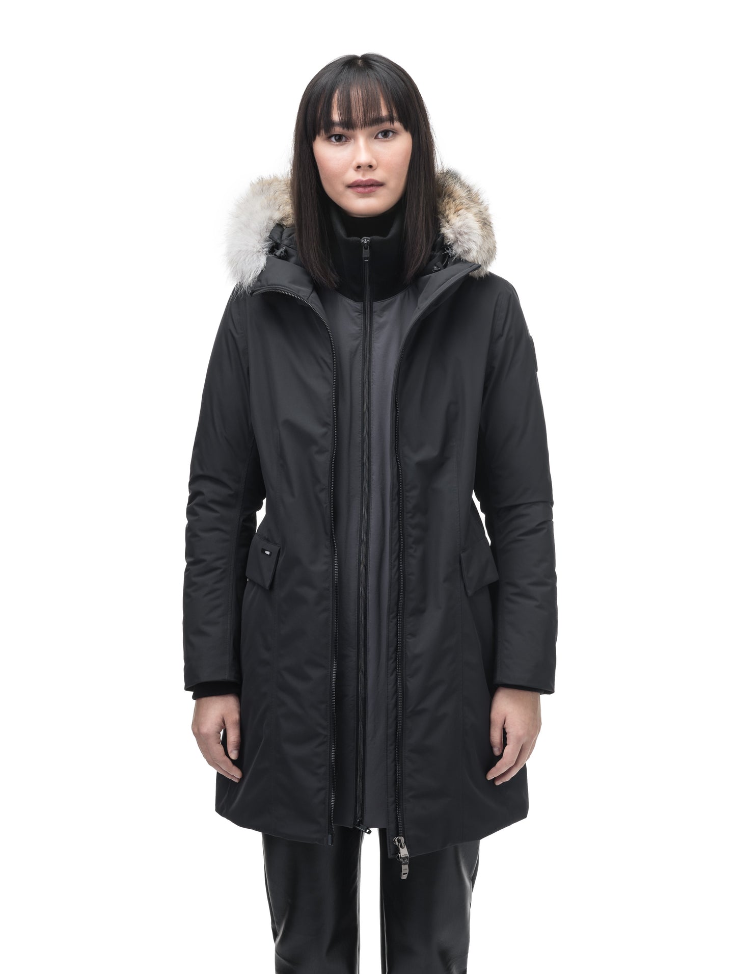 Romeda Ladies Mid Thigh Parka in thigh length, Canadian duck down insulation, non-removable hood with removable fur ruff trim, and two-way front zipper, in Black