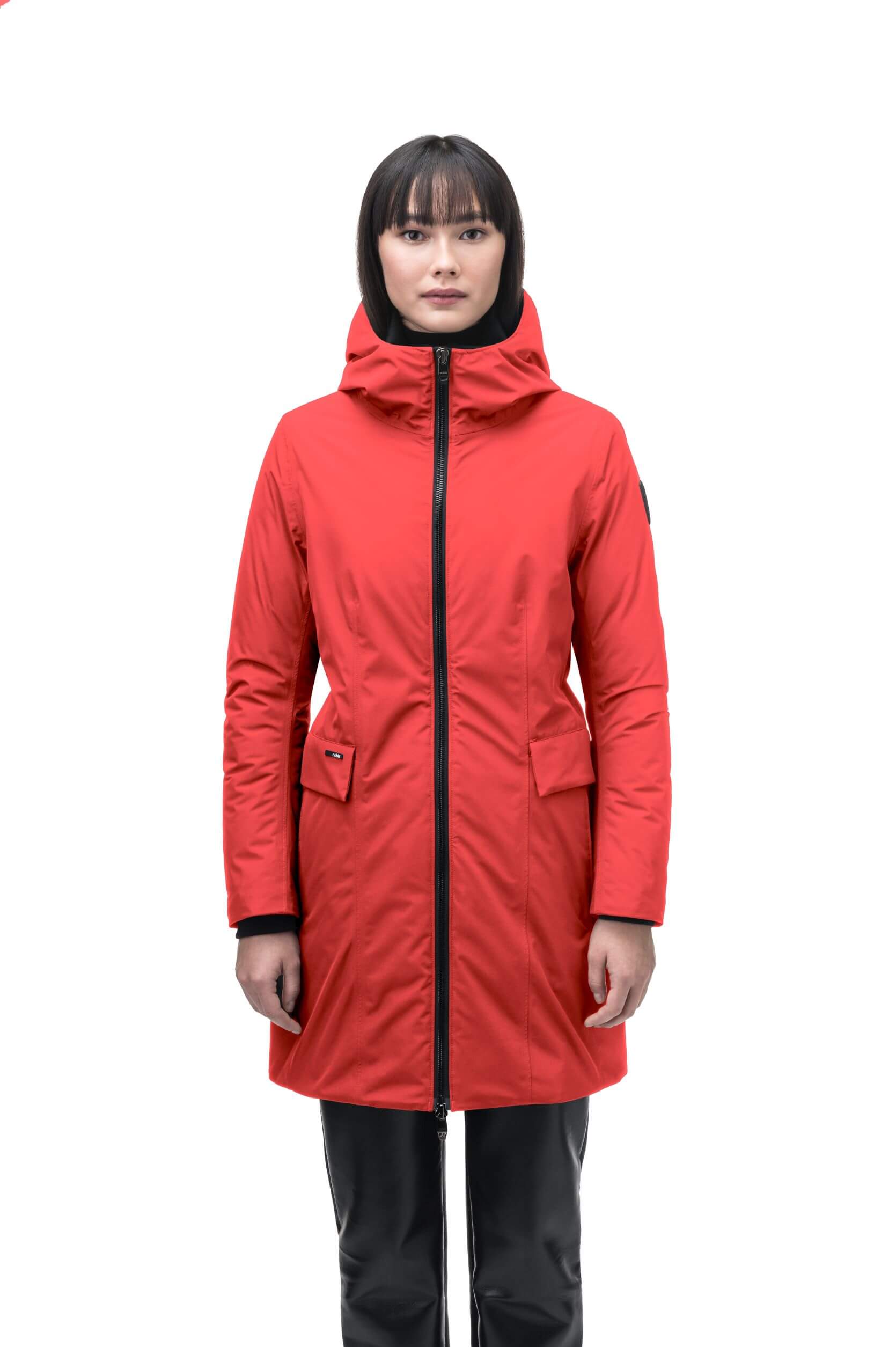 Romeda Ladies Mid Thigh Parka in thigh length, Canadian duck down insulation, non-removable hood with removable fur ruff trim, and two-way front zipper, in Vermillion