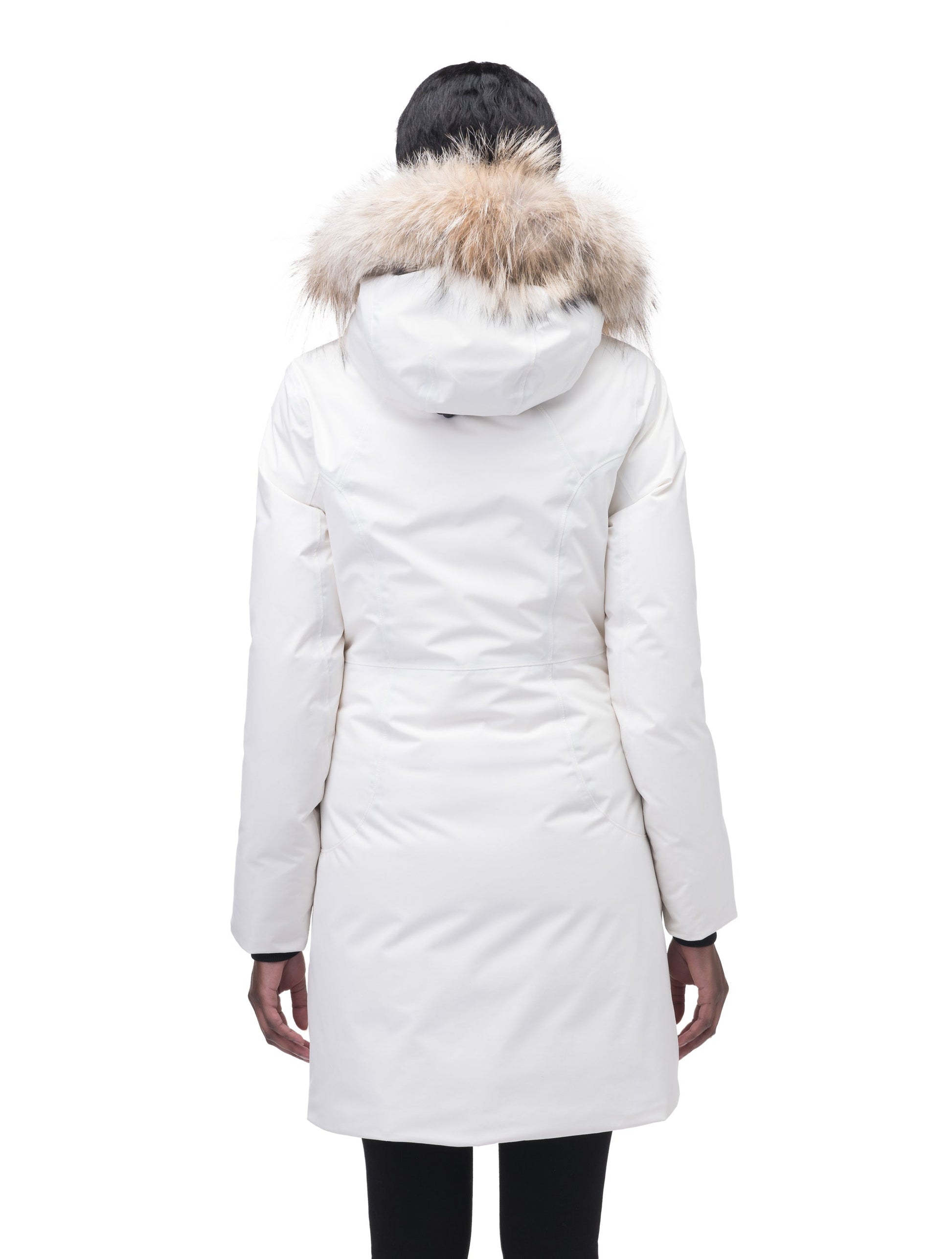 Ladies thigh length down-filled parka with non-removable hood and removable coyote fur trim in Chalk