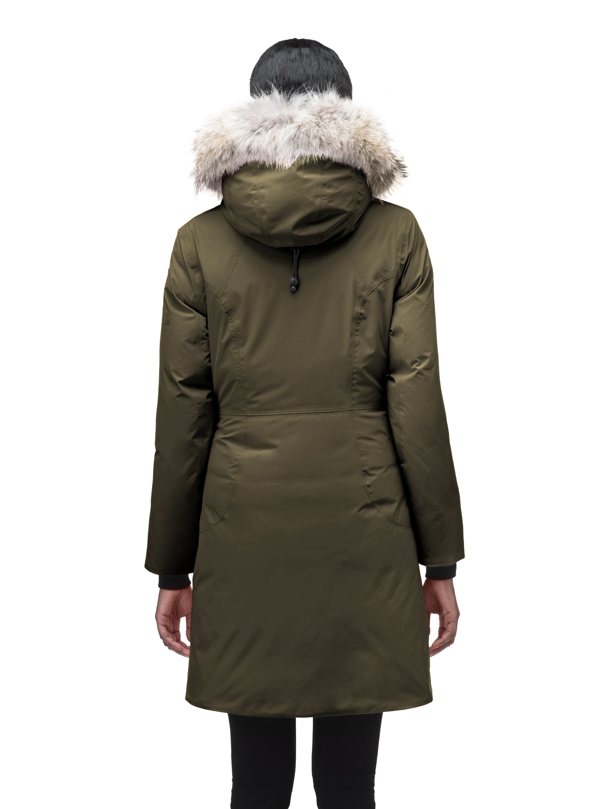 Ladies thigh length down-filled parka with non-removable hood and removable coyote fur trim in Fatigue