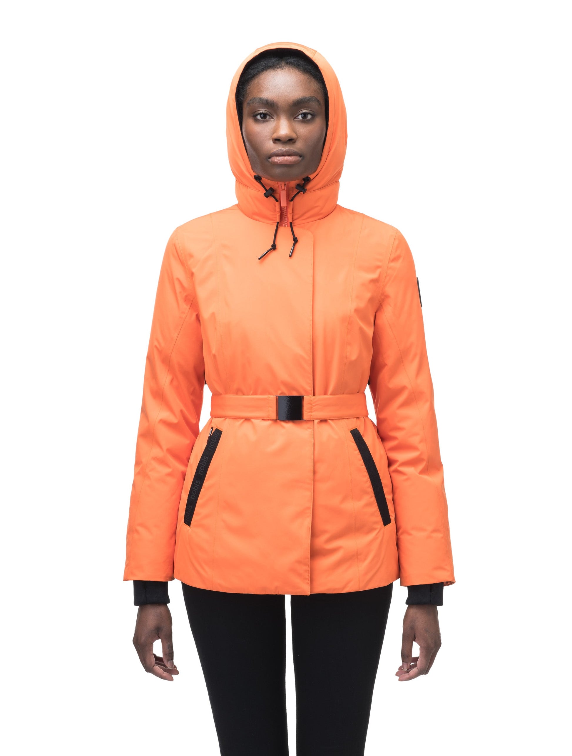 Ladies hip length down-filled parka with non-removable hood and adjustable belt in Atomic