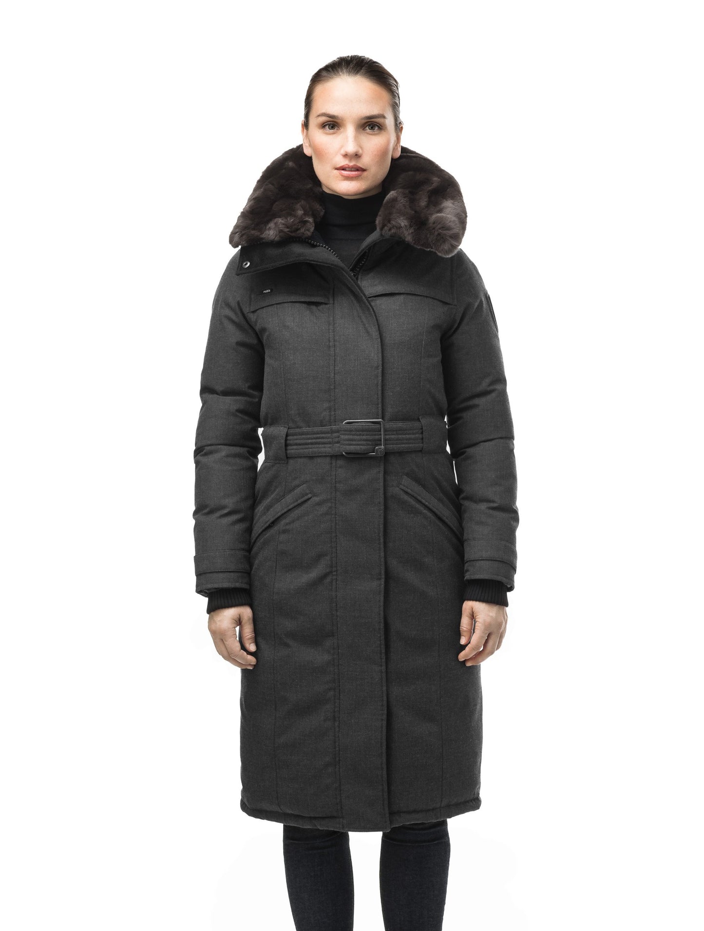 Women's knee length down filled parka with a belted waist and fully removable Coyote and Rex Rabbit fur ruffs in H. Black
