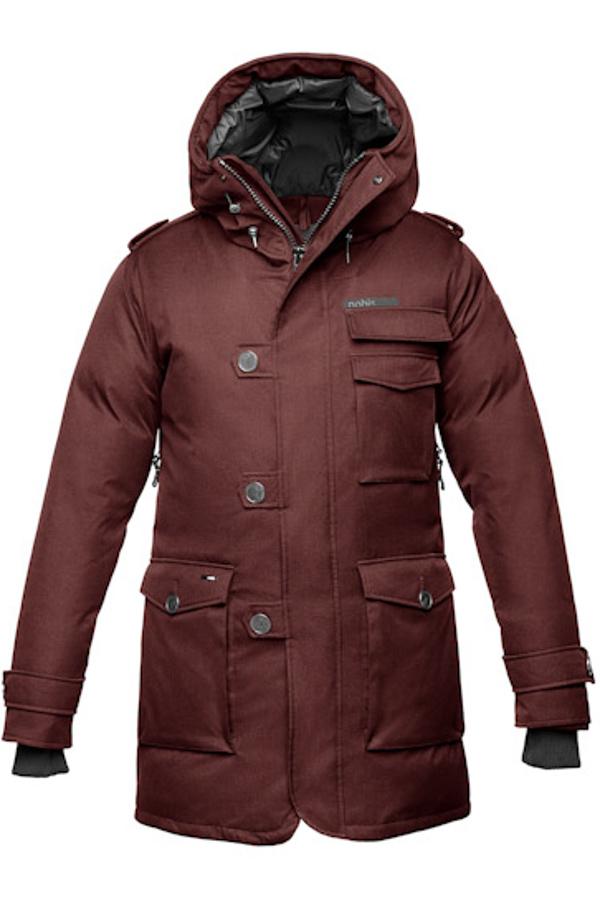 Men's down filled parka with faux button magnet closures and fur free hood with a fishtail hemline in CH Cabernet