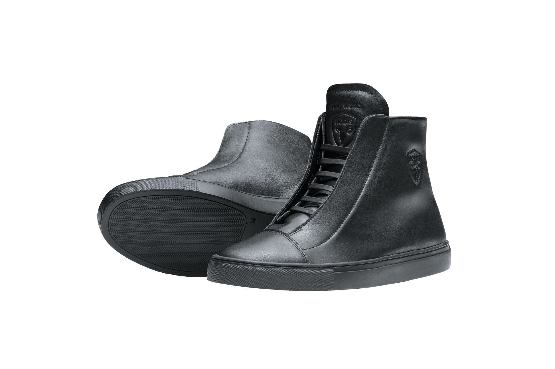 Unisex high top sneaker with Nobis crest embossed on the right side of the shoe in Black