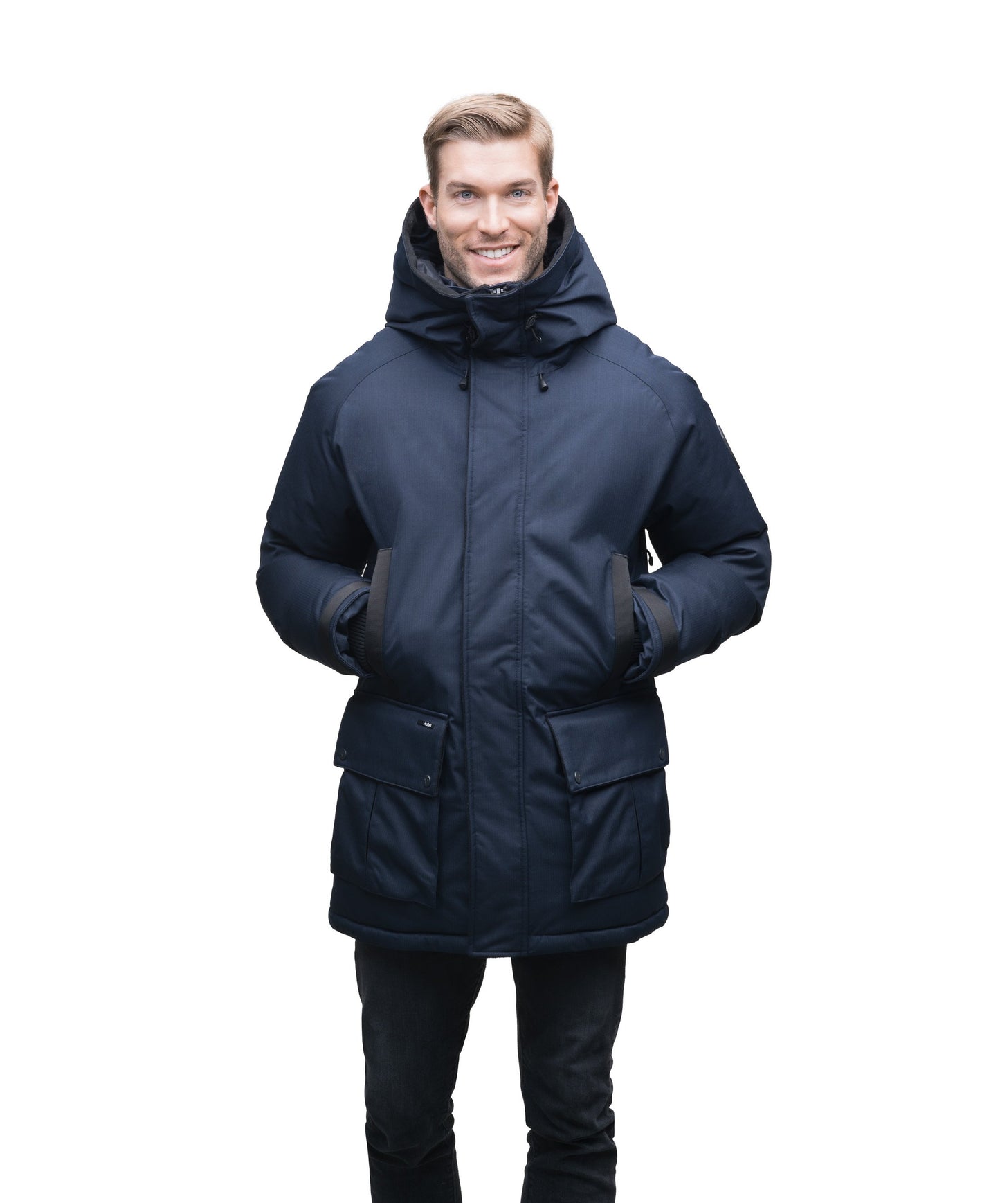 A classic men's bomber jacket with luxurious Rex Rabbit fur ruff trim in CH Navy