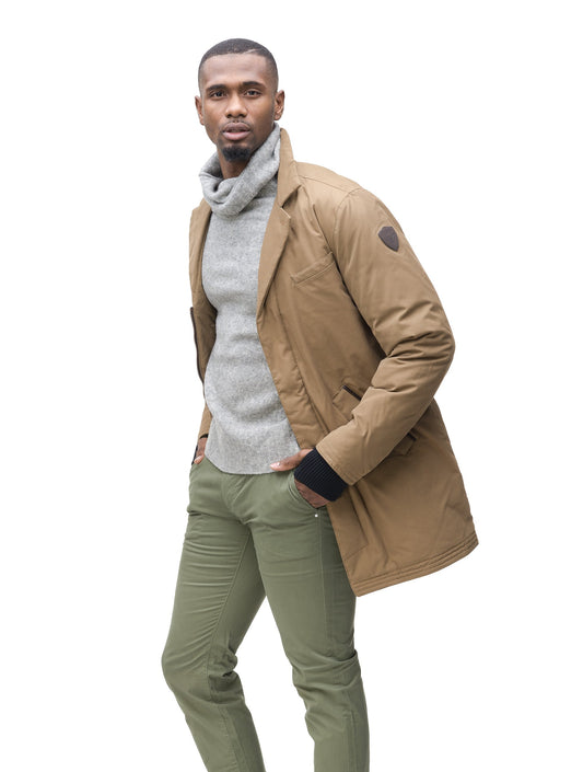 Men's classic overcoat that's lightly down filled, windproof and waterproof in Tan