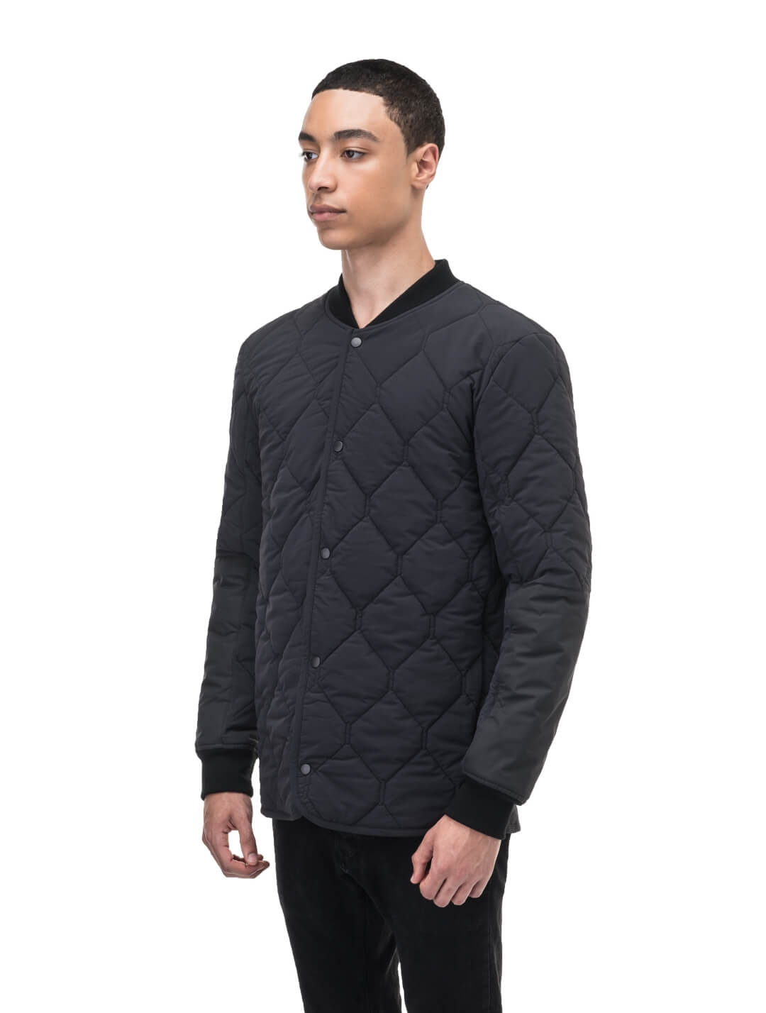 Speck Men's Tailored Mid Layer Jacket in hip length, Primaloft Gold Insulation Active+, diamond quilted body, rib knit collar and cuffs, snap buton front closure, and hidden side-entry zipper pockets at waist, in Black