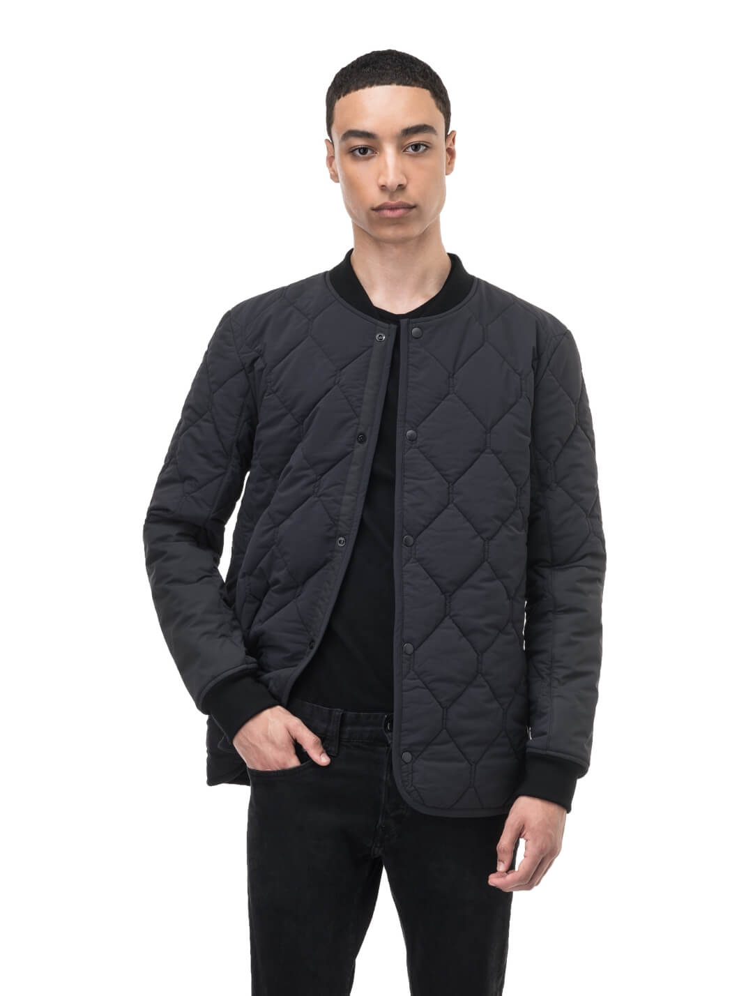 Speck Men's Tailored Mid Layer Jacket in hip length, Primaloft Gold Insulation Active+, diamond quilted body, rib knit collar and cuffs, snap buton front closure, and hidden side-entry zipper pockets at waist, in Black