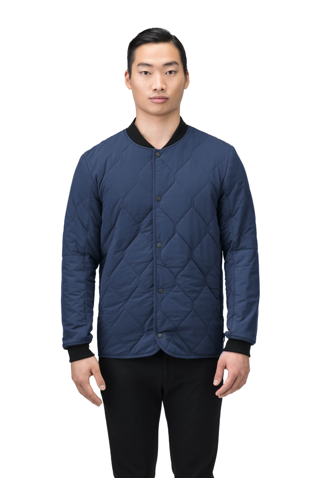 Speck Men's Tailored Mid Layer Jacket in hip length, Primaloft Gold Insulation Active+, diamond quilted body, rib knit collar and cuffs, snap buton front closure, and hidden side-entry zipper pockets at waist, in Blueprint