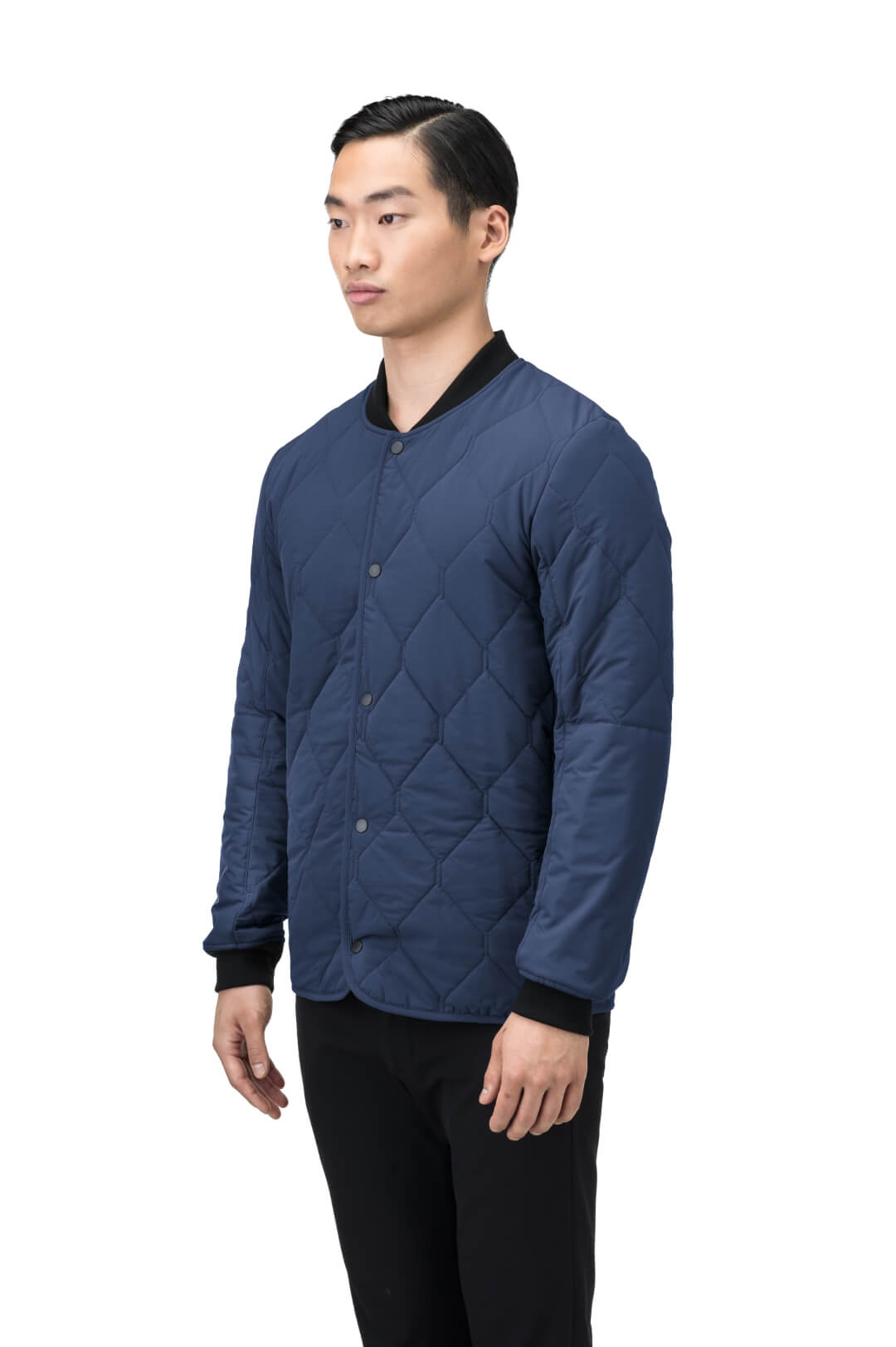 Speck Men's Tailored Mid Layer Jacket in hip length, Primaloft Gold Insulation Active+, diamond quilted body, rib knit collar and cuffs, snap buton front closure, and hidden side-entry zipper pockets at waist, in Blueprint