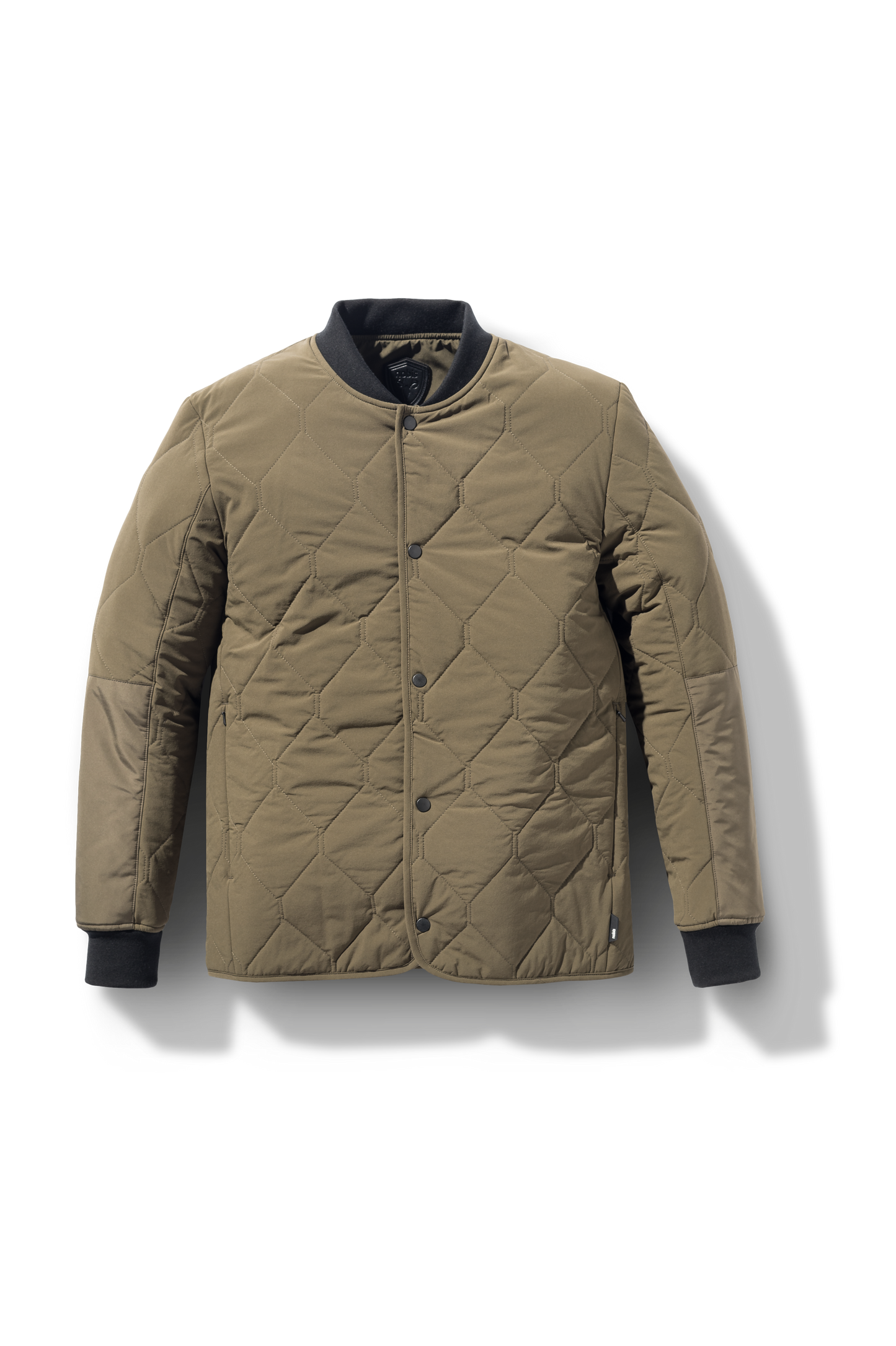 Speck Men's Tailored Mid Layer Jacket in hip length, Primaloft Gold Insulation Active+, diamond quilted body, rib knit collar and cuffs, snap buton front closure, and hidden side-entry zipper pockets at waist, in Fatigue