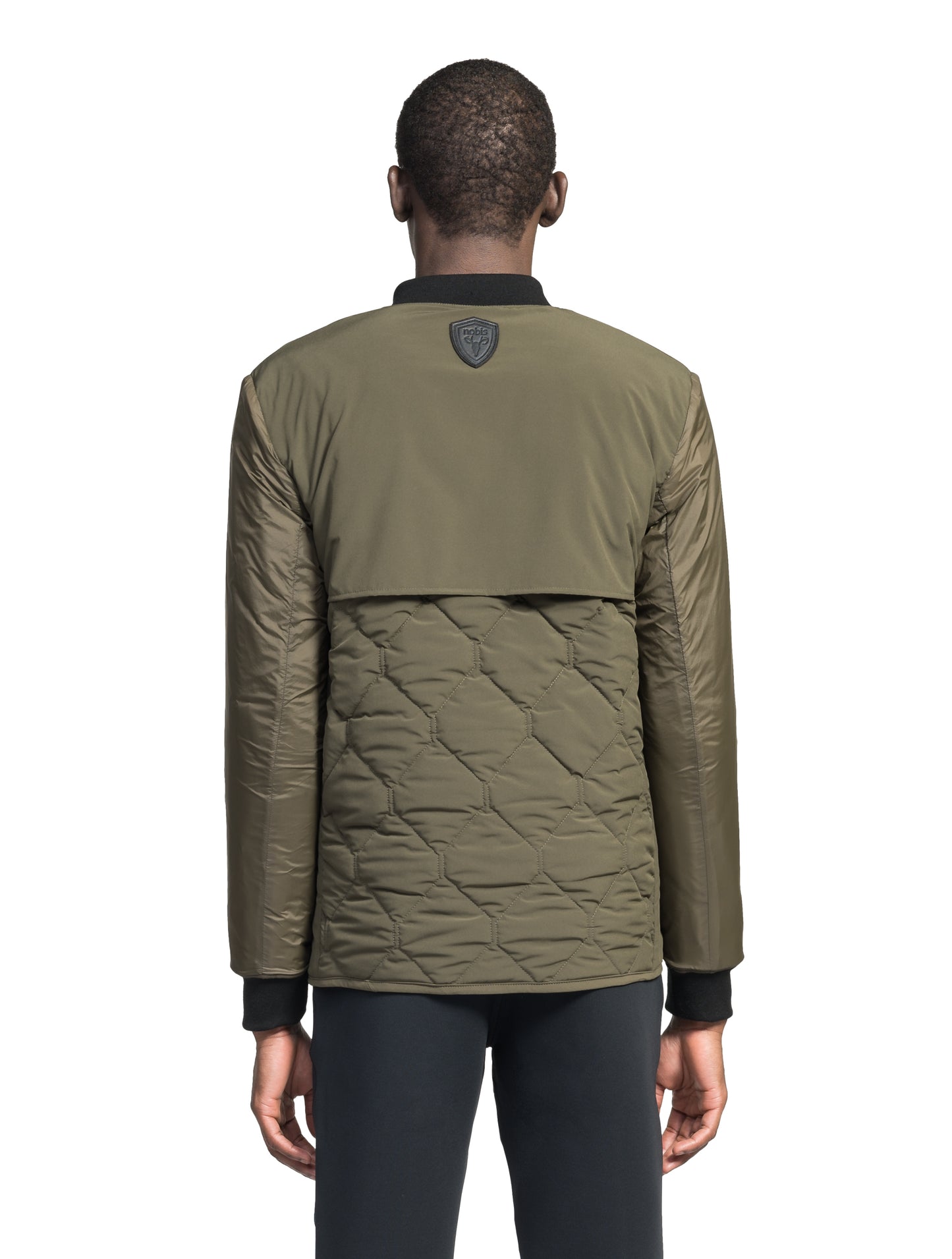 Speck Men's Tailored Mid Layer Jacket in hip length, Primaloft Gold Insulation Active+, diamond quilted body, rib knit collar and cuffs, snap buton front closure, and hidden side-entry zipper pockets at waist, in Fatigue