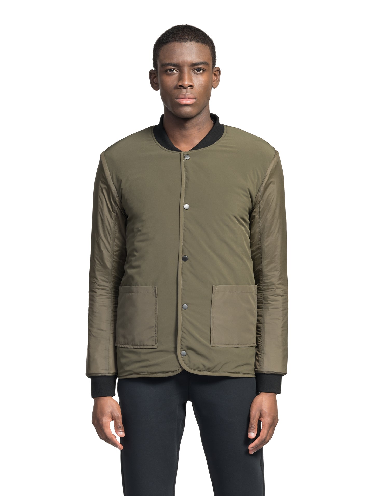 Speck Men's Tailored Mid Layer Jacket in hip length, Primaloft Gold Insulation Active+, diamond quilted body, rib knit collar and cuffs, snap buton front closure, and hidden side-entry zipper pockets at waist, in Fatigue