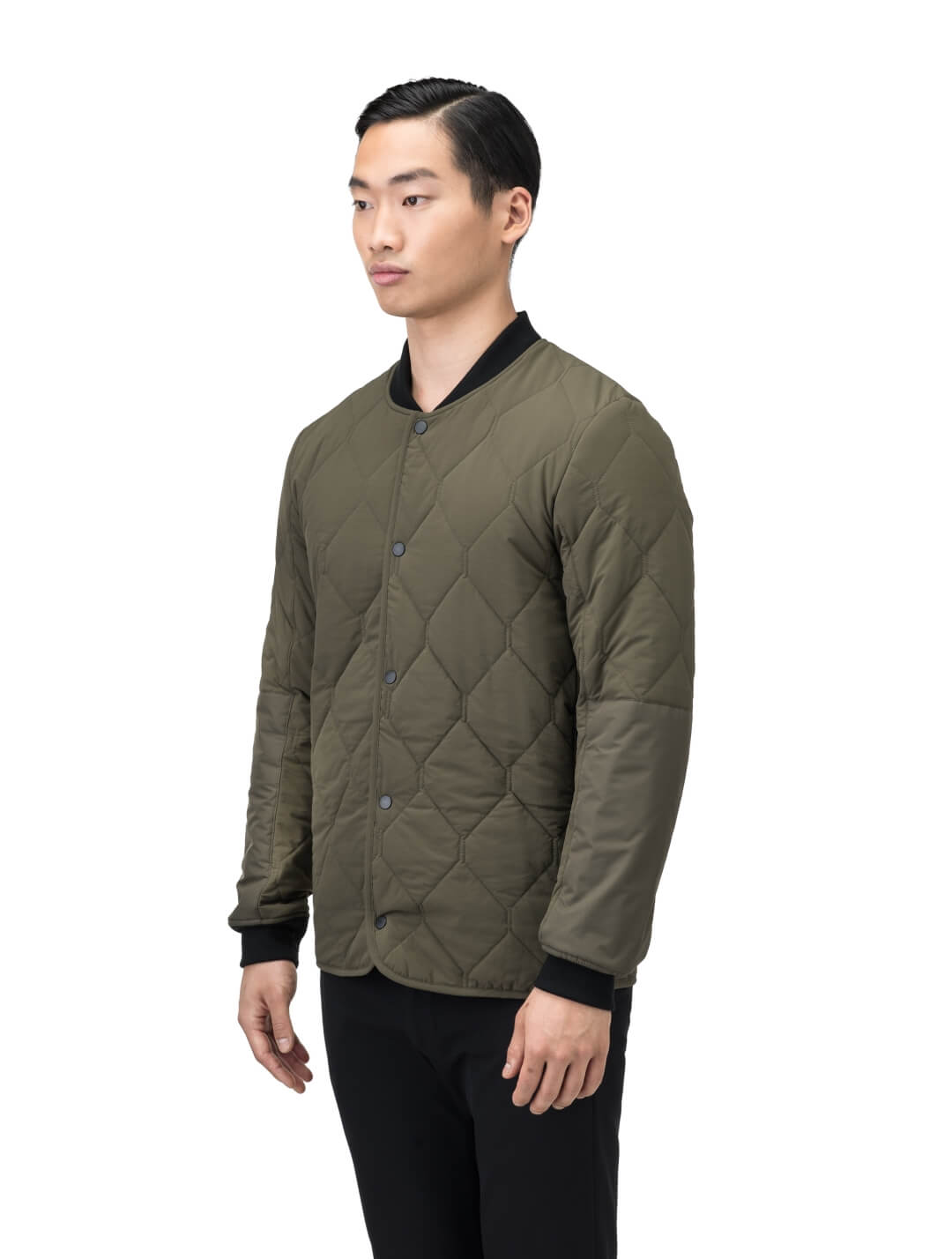 Speck Men's Tailored Mid Layer Jacket in hip length, Primaloft Gold Insulation Active+, diamond quilted body, rib knit collar and cuffs, snap buton front closure, and hidden side-entry zipper pockets at waist, in Fatigue