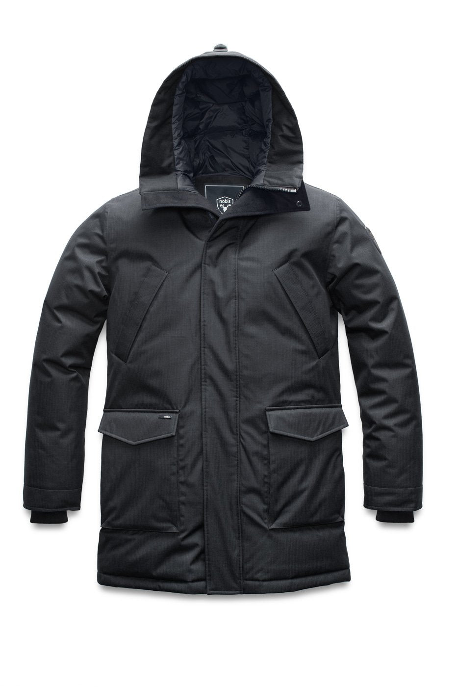 Men's thigh length down-filled parka with non-removable hood in Black