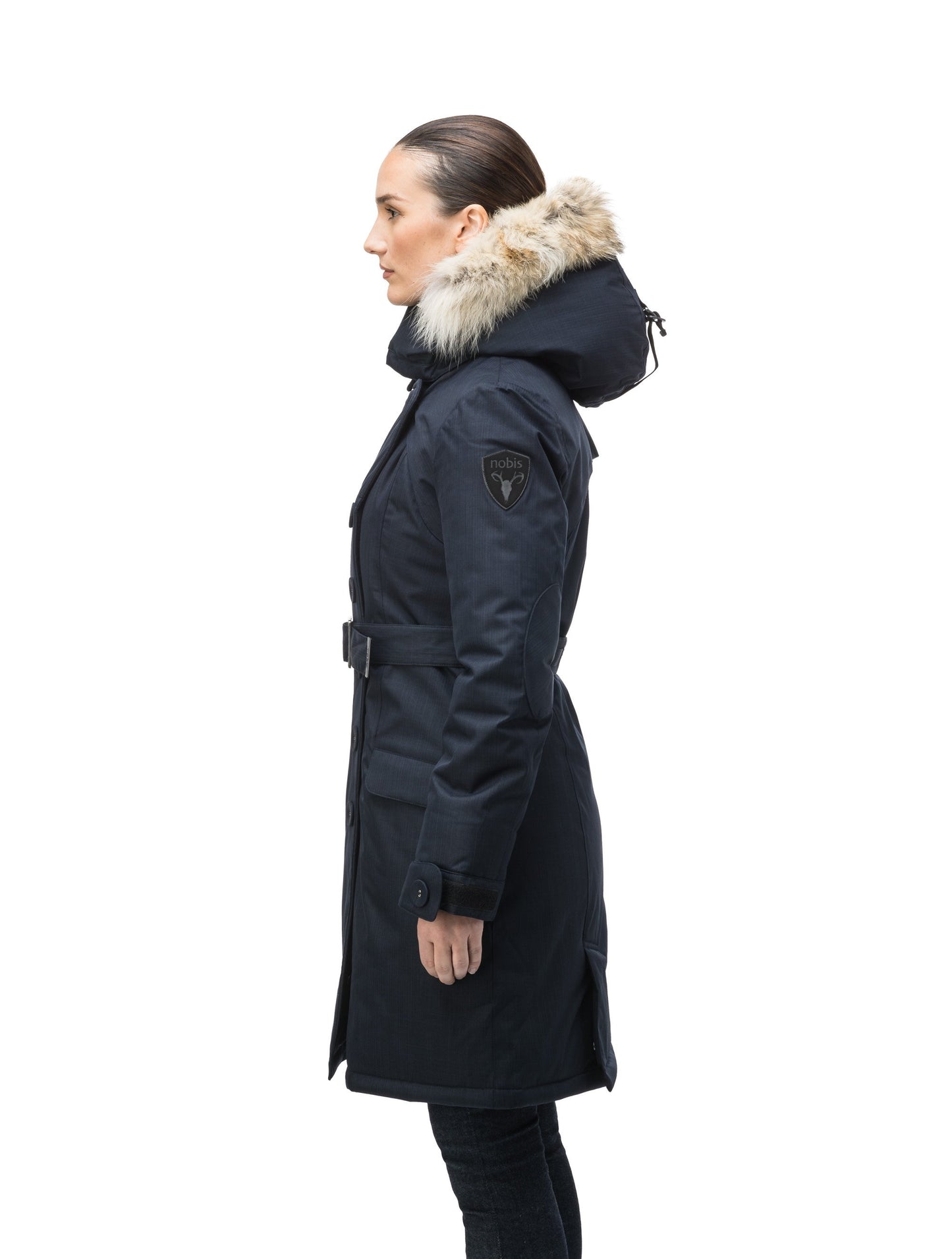 Women's down filled double breasted peacoat with a belted waist in CH Navy