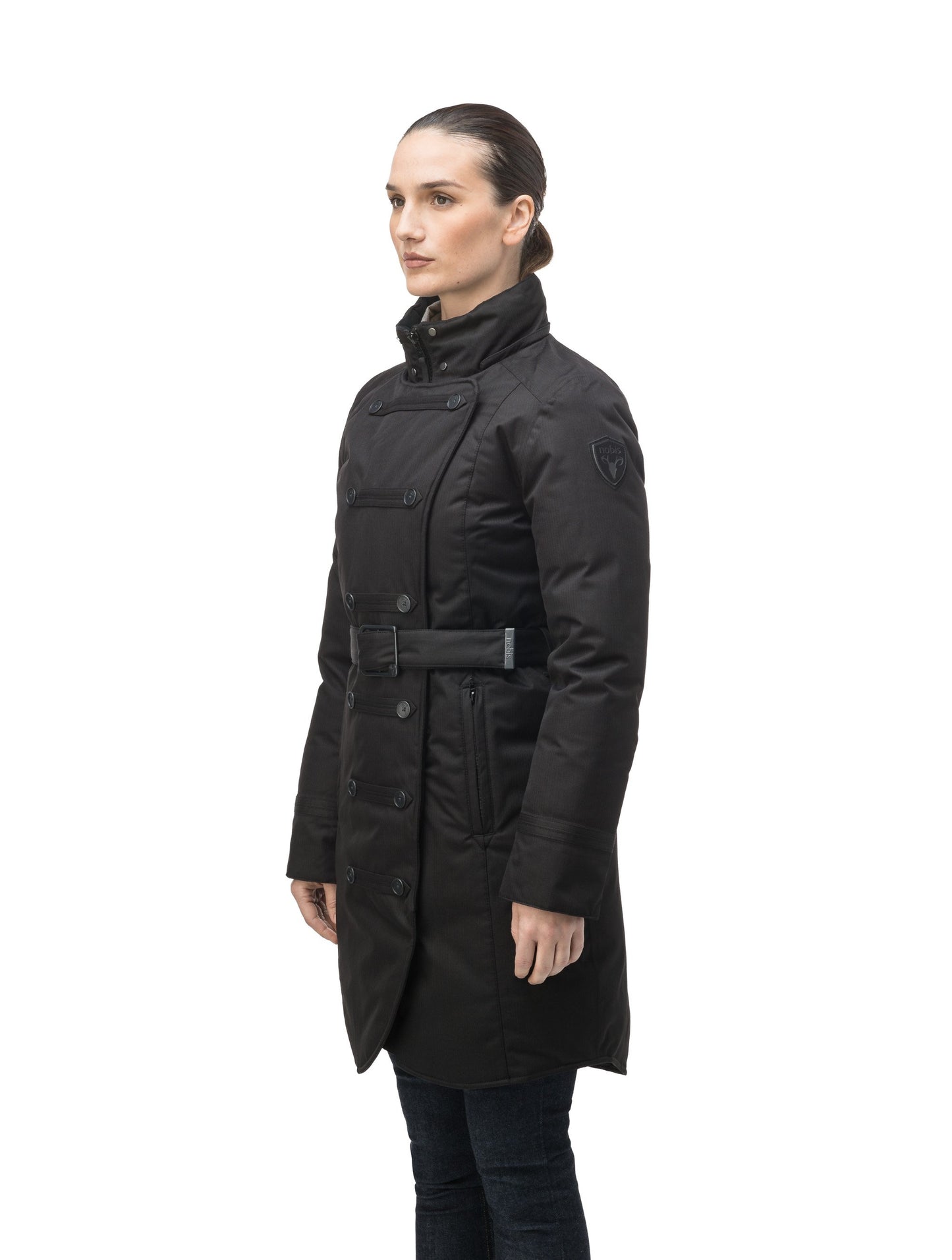 Women's down filled calf length parka with belted waist, and removable Rex Rabbit fur collar in CH Black