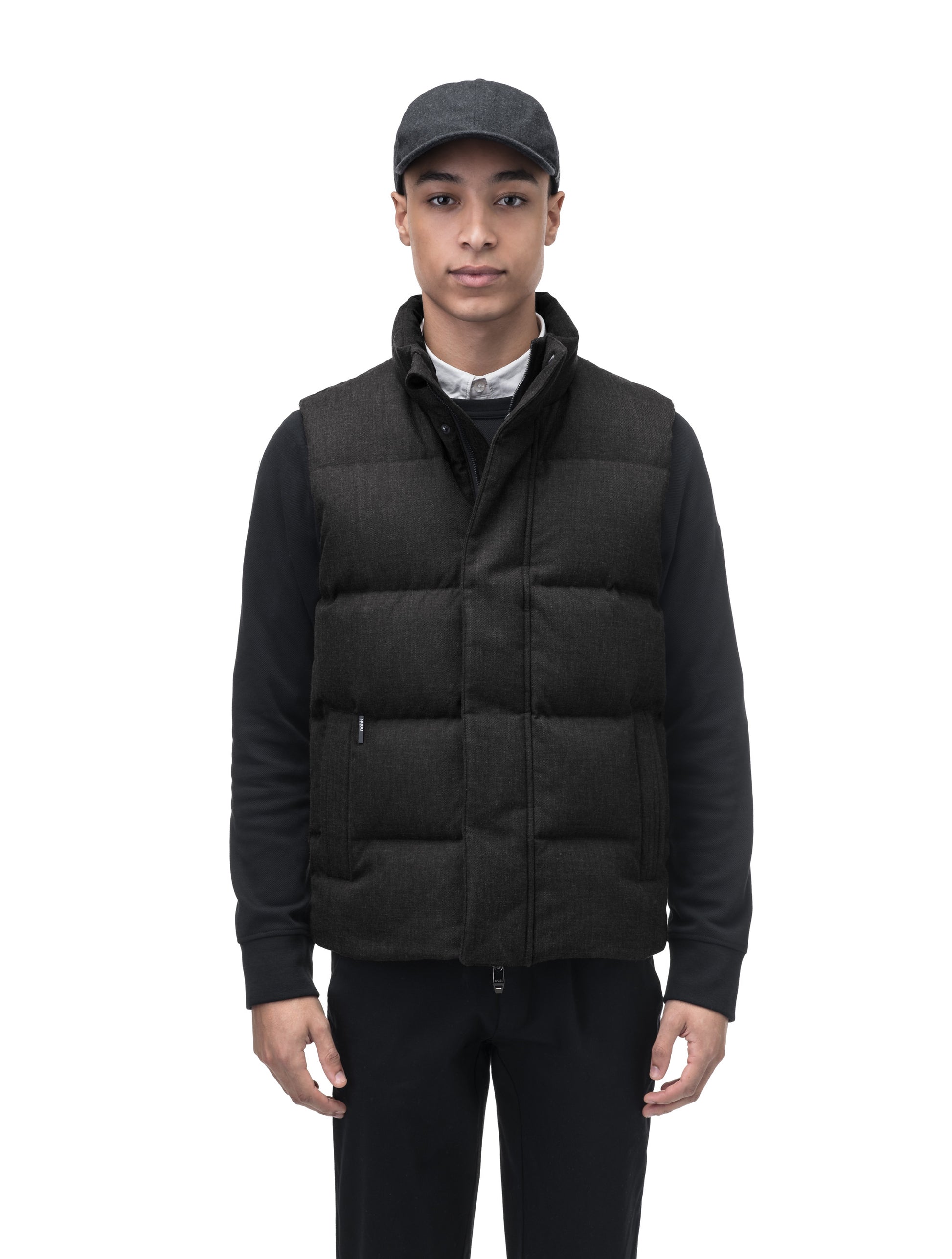 Vale Men's Quilted Vest in hip length, Canadian duck down insulation, and two-way zipper, in H. Black
