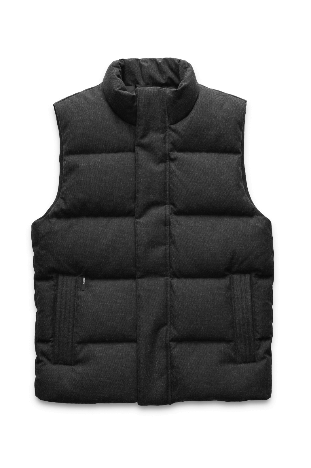 Vale Men's Quilted Vest in hip length, Canadian duck down insulation, and two-way zipper, in H. Black