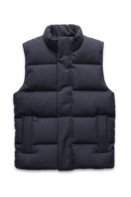 Vale Men's Quilted Vest in hip length, Canadian duck down insulation, and two-way zipper, in H. Navy