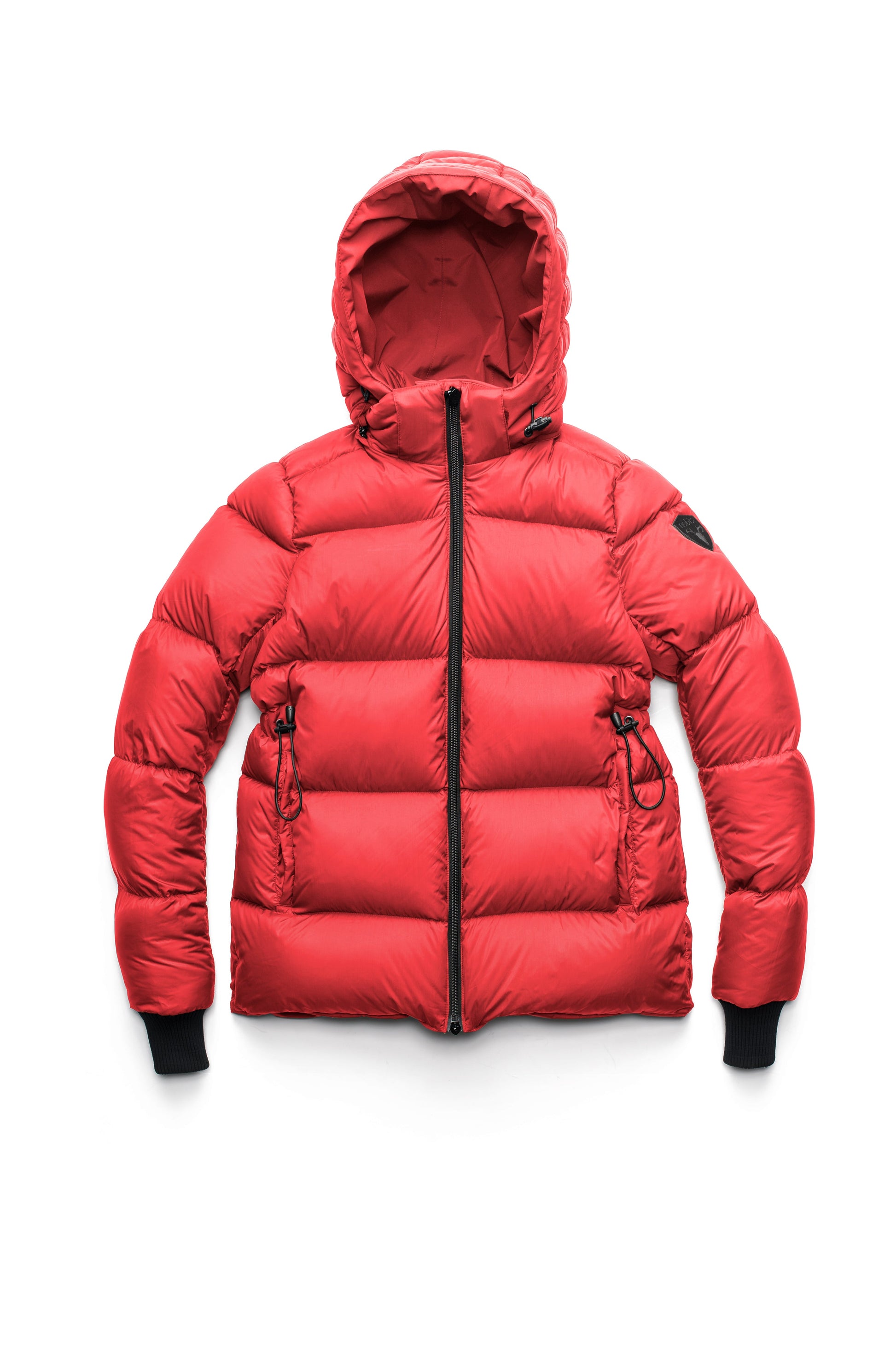 Hip length, reversible women's down filled jacket with waterproof exposed zipper in Vermillion