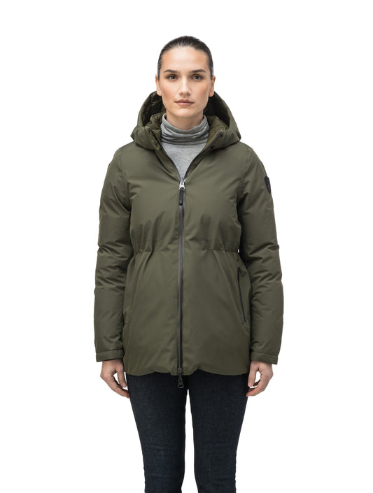 Hip length, reversible women's down filled jacket with waterproof exposed zipper in Fatigue