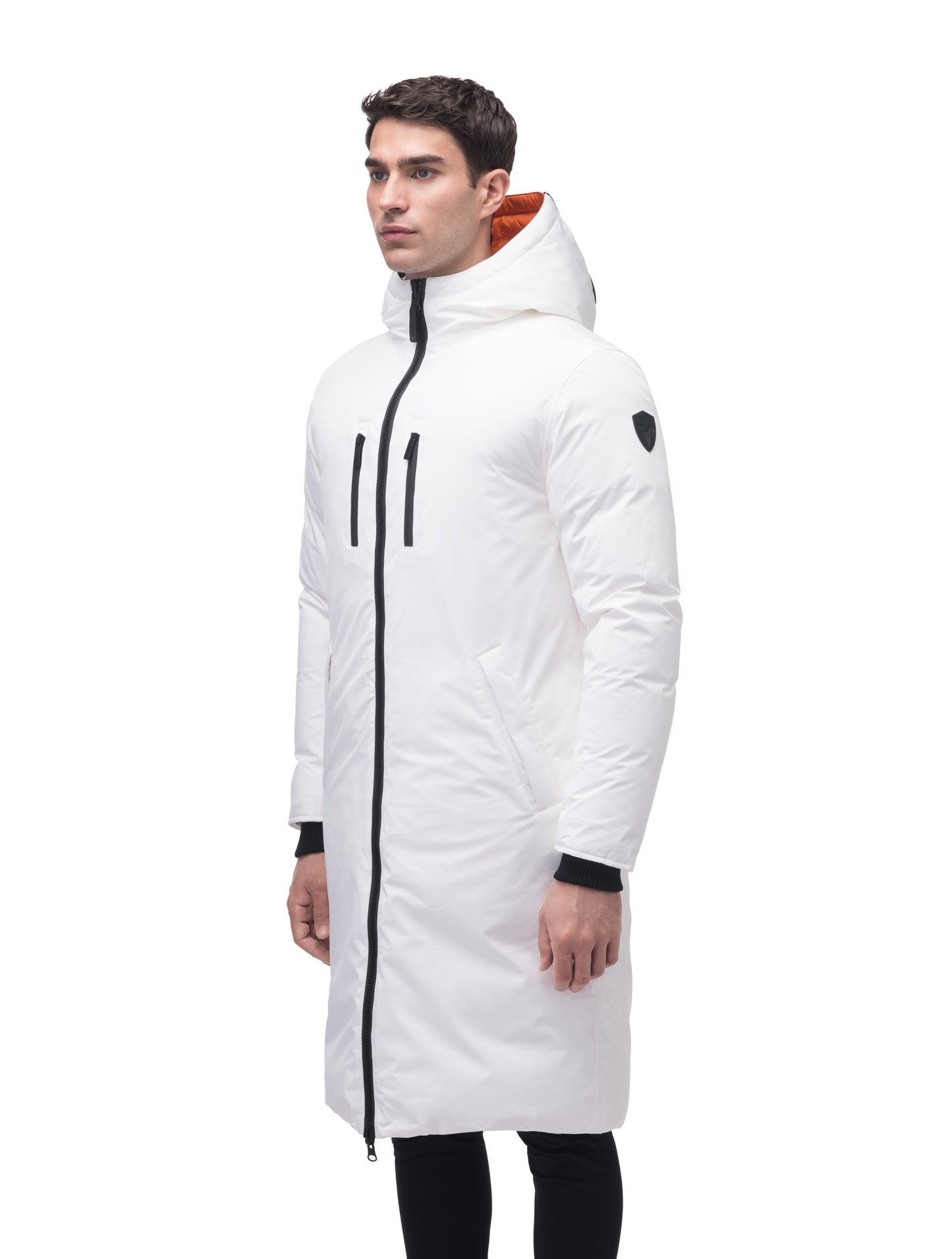 Men's knee length reversible down-filled parka with non-removable hood in Chalk/Atomic