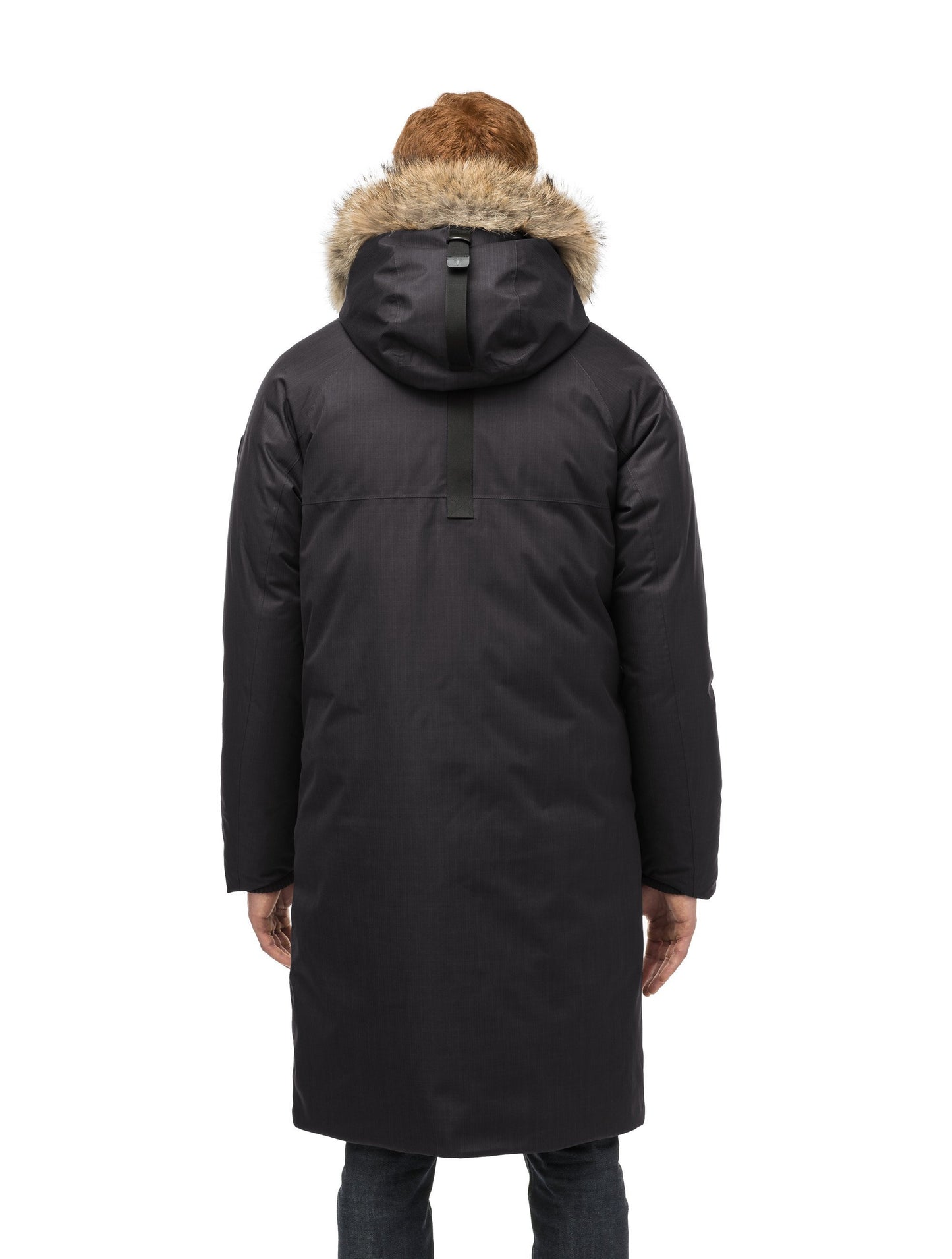 This ankle length men's down filled parka doubles as an over coat with a removable fur trim on the hood in Black