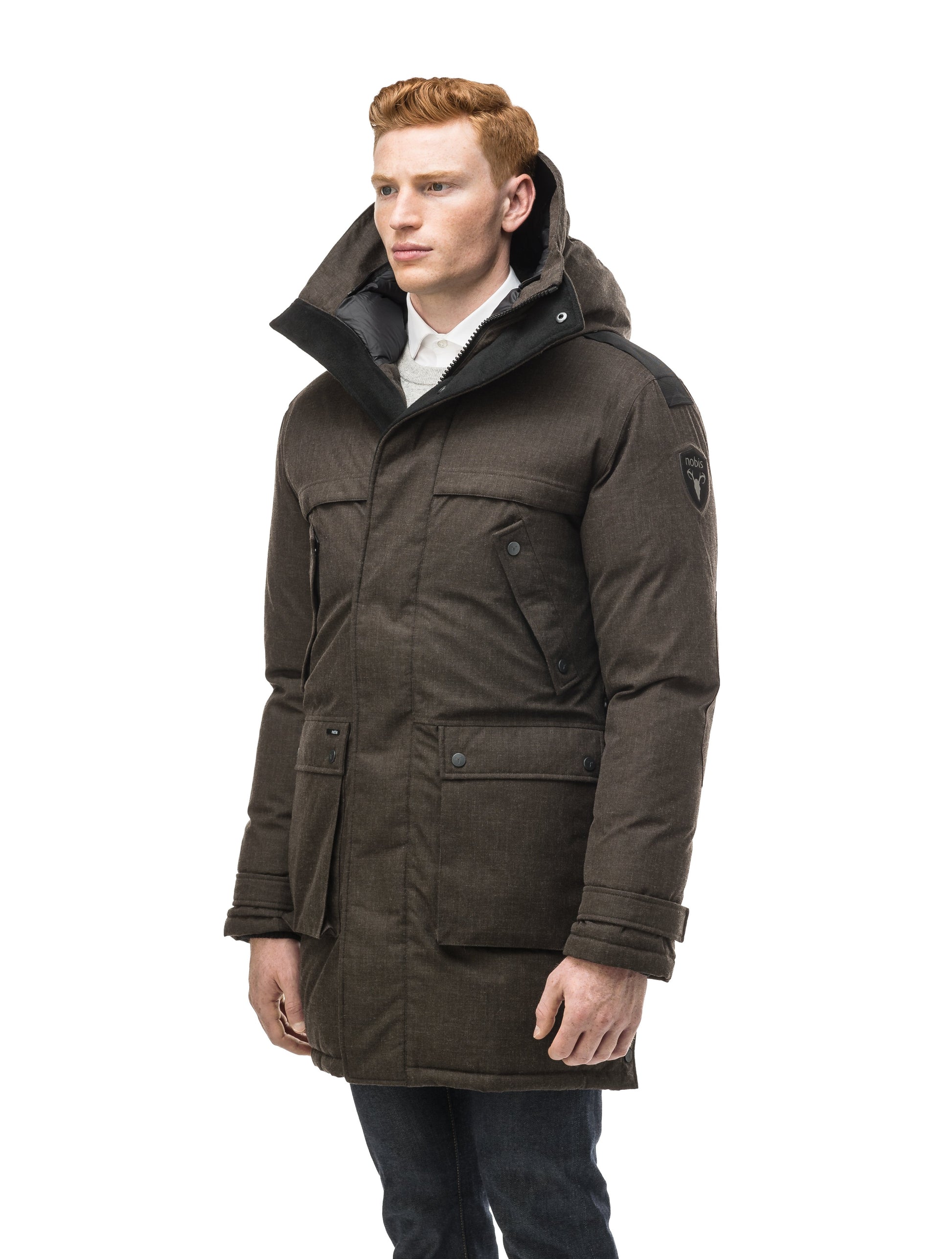 Men's Best Selling Parka the Yatesy is a down filled jacket with a zipper closure and magnetic placket in H. Brown