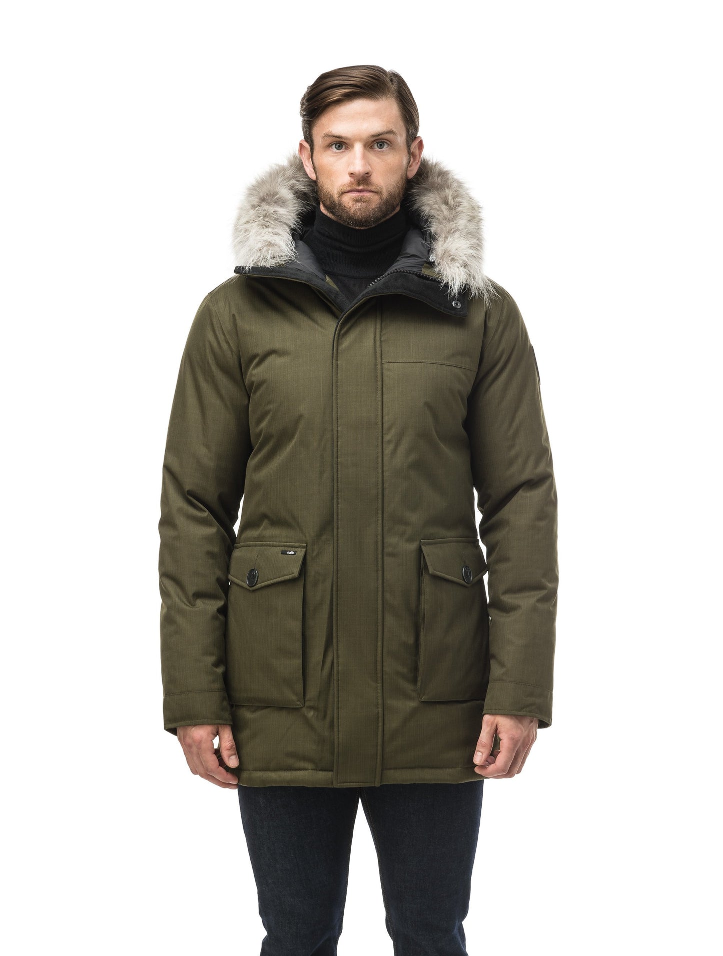 Men's slim fitting waist length parka with removable fur trim on the hood and two waist patch pockets in CH Fatigue