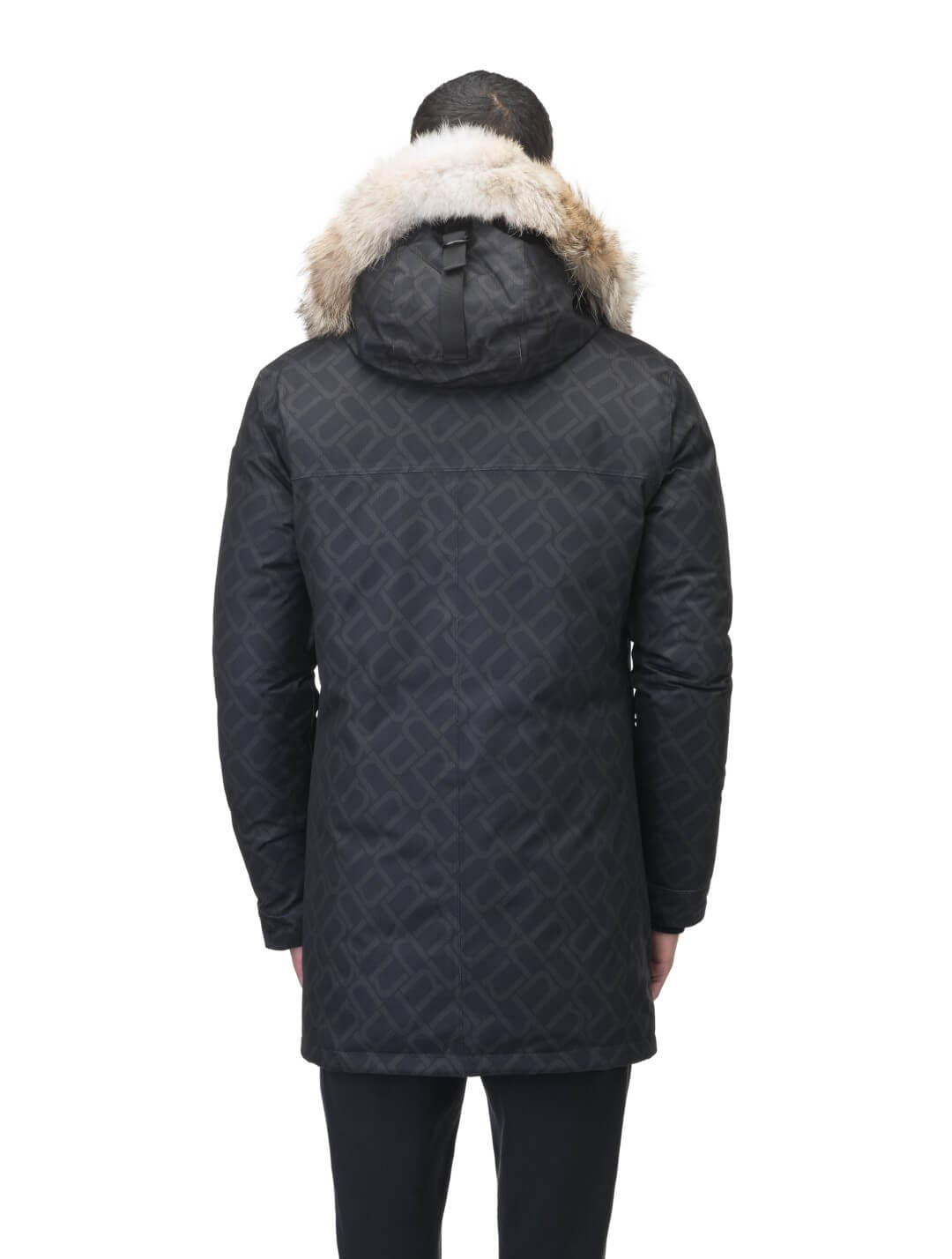 Men's slim fitting waist length parka with removable fur trim on the hood and two waist patch pockets in Dark Monogram