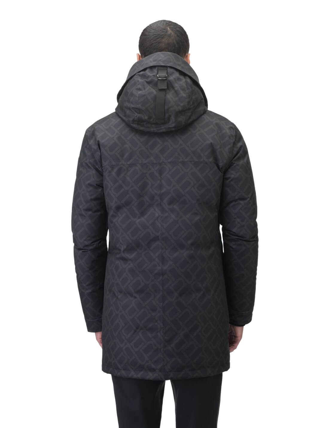 Men's slim fitting waist length parka with removable fur trim on the hood and two waist patch pockets in Dark Monogram
