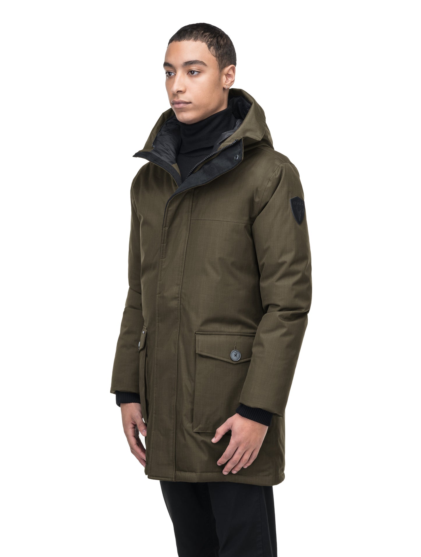 Yves Furless Men's Parka in thigh length, Canadian white duck down insulation, non-removable down-filled hood, flap pockets at waist, centre-front two-way zipper with magnetic wind flap, and elastic ribbed cuffs, in CH Fatigue