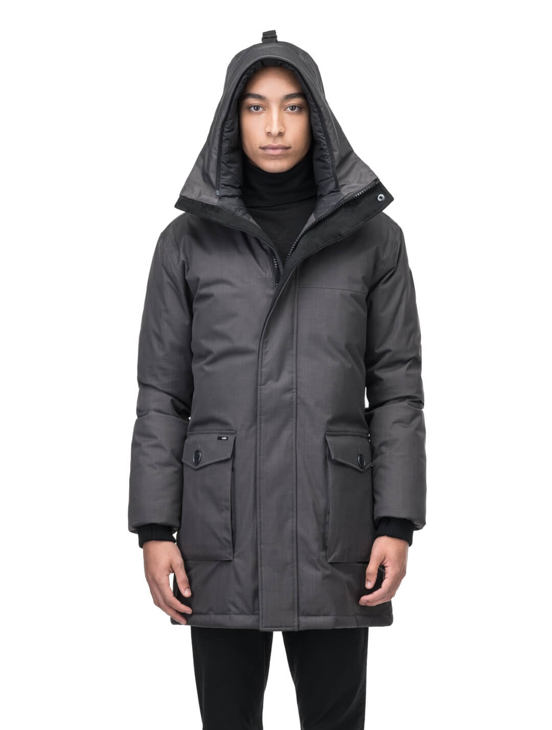 Men's slim fitting waist length parka with removable fur trim on the hood and two waist patch pockets in CH Steel Grey